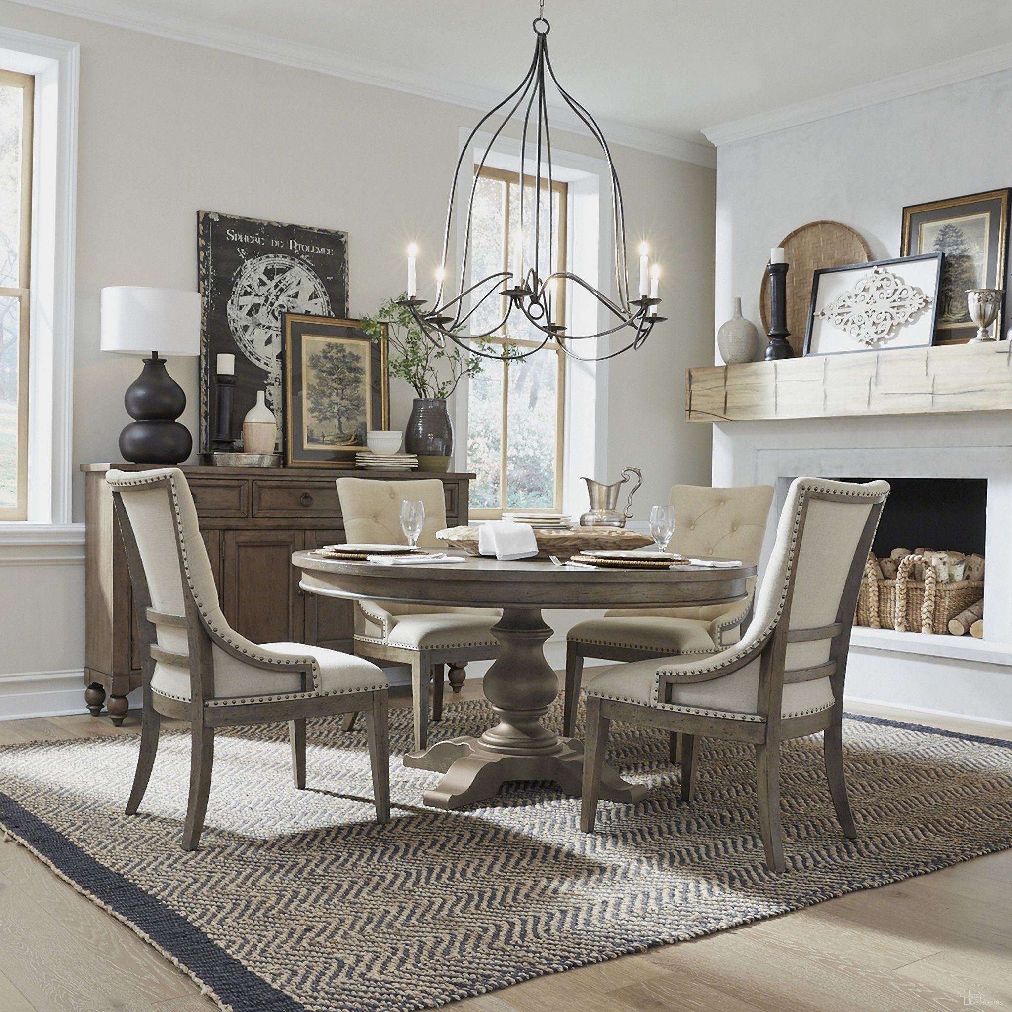 The appearance of Americana Farmhouse Pedestal Dining Set In Dusty Taupe and Black designed by Liberty in the traditional interior design. This taupe piece of furniture was selected by 1StopBedrooms from Americana Farmhouse Collection to add a touch of cosiness and style into your home. Sku: 615-P6060;615-T6060;615-C6501S;615-C0501S. Table Base Style: Pedestal. Table Top Shape: Oval. Material: Rubberwood. Size: 60" x 60".