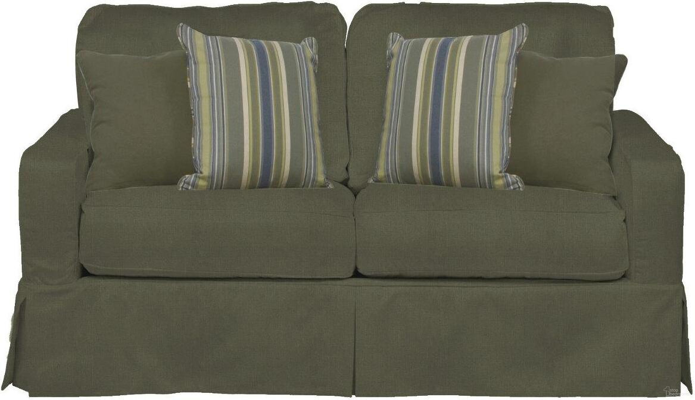 The appearance of Americana Forest Green Box Cushion Slipcovered Loveseat designed by Sunset Trading in the transitional interior design. This green piece of furniture  was selected by 1StopBedrooms from Americana Collection to add a touch of cosiness and style into your home. Sku: SU-108510-410026. Material: Wood.