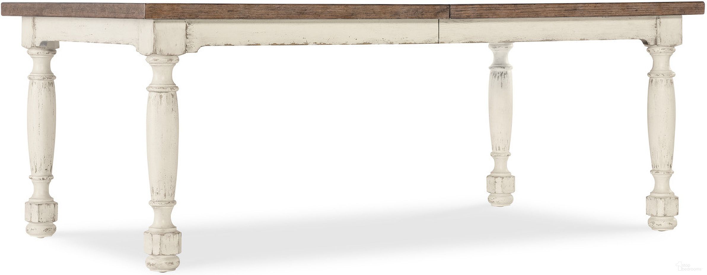 The appearance of Americana Leg Dining Table W/1-22In Leaf In White designed by Hooker in the transitional interior design. This white piece of furniture was selected by 1StopBedrooms from Americana Collection to add a touch of cosiness and style into your home. Sku: 7050-75200-02. Table Base Style: Legs. Table Top Shape: Rectangular. Size: 44" x 80". Material: Oak Veneer.
