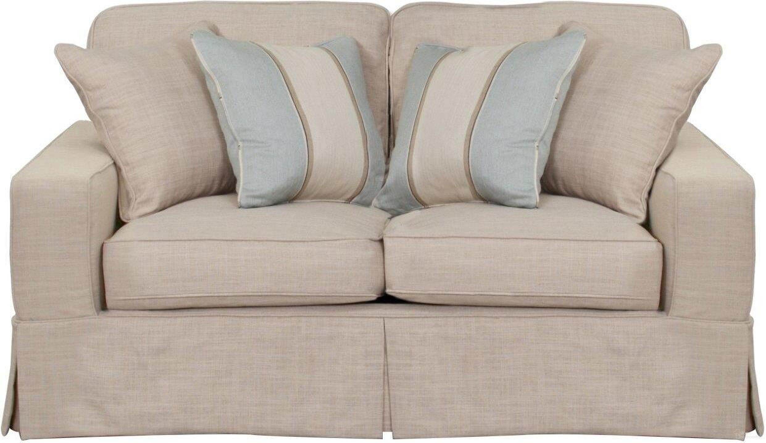 The appearance of Americana Linen Box Cushion Slipcovered Loveseat designed by Sunset Trading in the transitional interior design. This linen piece of furniture was selected by 1StopBedrooms from Americana Collection to add a touch of cosiness and style into your home. Sku: SU-108510-466082. Material: Wood.