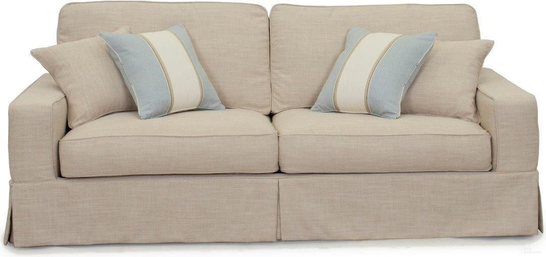 The appearance of Americana Linen Box Cushion Slipcovered Sofa designed by Sunset Trading in the transitional interior design. This linen piece of furniture was selected by 1StopBedrooms from Americana Collection to add a touch of cosiness and style into your home. Sku: SU-108500-466082. Material: Wood.