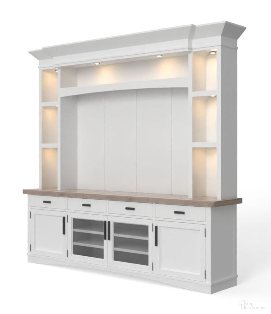 The appearance of Americana Modern Cotton 92 Inch Tv Console With Hutch, Backpanel And Led Lights designed by Parker House in the modern / contemporary interior design. This cotton piece of furniture was selected by 1StopBedrooms from Americana Modern Collection to add a touch of cosiness and style into your home. Sku: AME#92-COT;AME#92BP-COT;AME#92HB-COT;AME#92HP-COT. Material: Poplar.