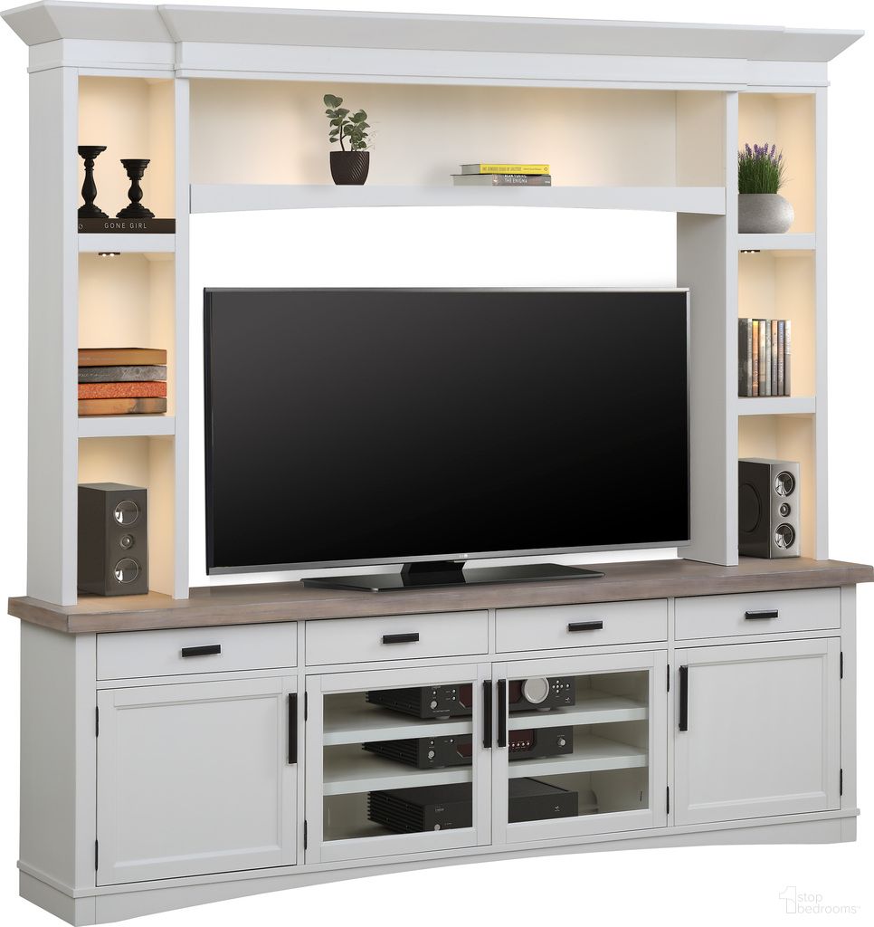 The appearance of Americana Modern Cotton Entertainment Center designed by Parker House in the traditional interior design. This white and brown piece of furniture was selected by 1StopBedrooms from Americana Modern Collection to add a touch of cosiness and style into your home. Sku: AME#92-COT;AME#92HB-COT;AME#92HP-COT. Material: Poplar Solid.