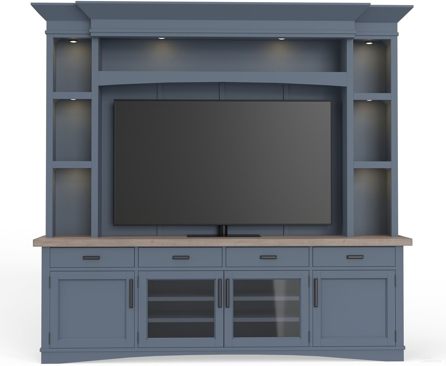 The appearance of Americana Modern Denim Entertainment Wall designed by Parker House in the transitional interior design. This brown and gray piece of furniture was selected by 1StopBedrooms from Americana Modern Collection to add a touch of cosiness and style into your home. Sku: AME#92-DEN;AME#92BP-DEN;AME#92HB-DEN;AME#92HP-DEN. Material: Poplar Solid.