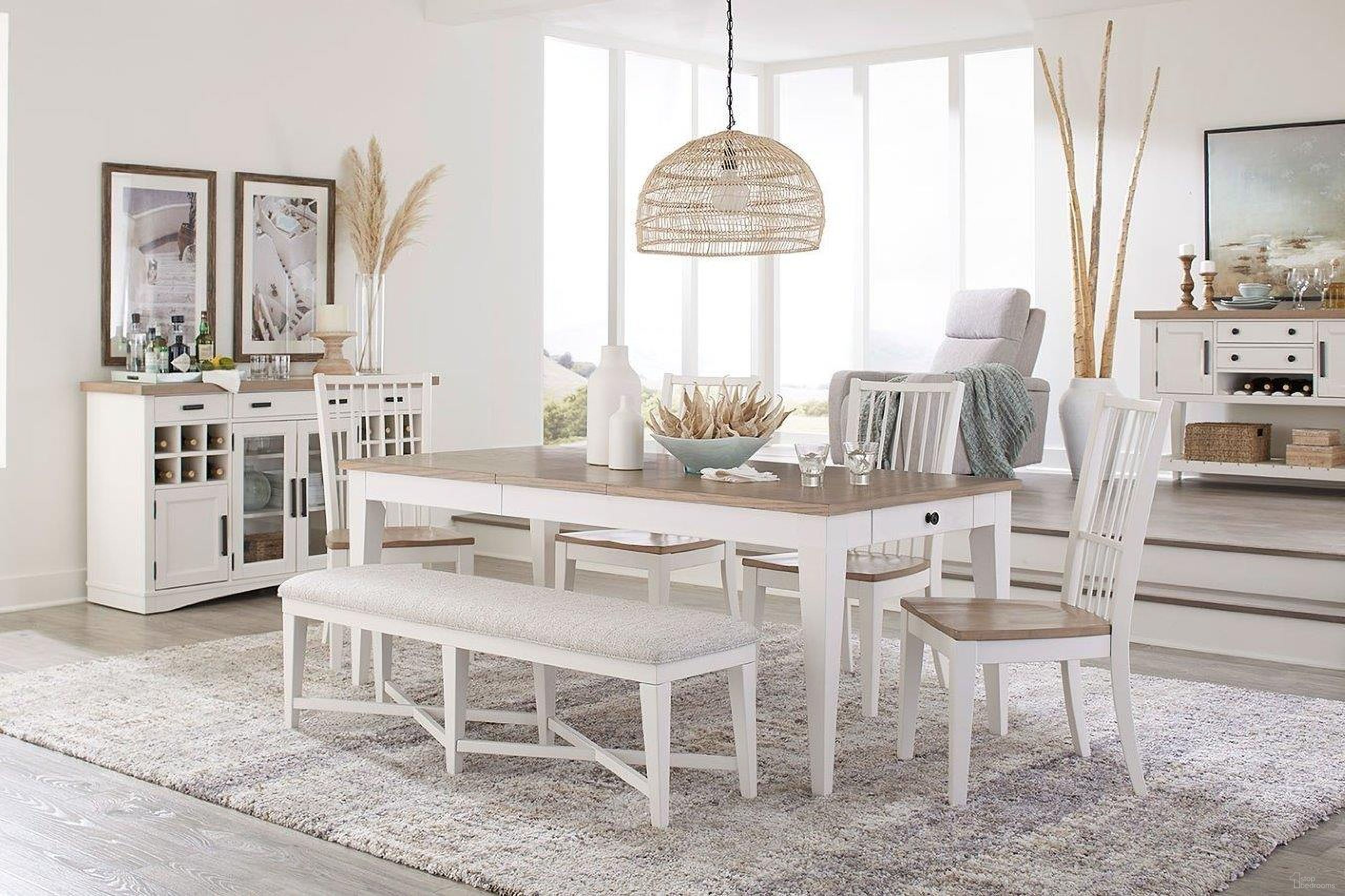 The appearance of Americana Modern Dining Room Set With Bench designed by Parker House in the modern / contemporary interior design. This natural piece of furniture  was selected by 1StopBedrooms from Americana Collection to add a touch of cosiness and style into your home. Sku: DAME#60RECT-COT;DAME#2018-COT;DAME#1218-COT. Table Base Style: Legs. Material: Wood Veneer. Table Top Shape: Rectangular. Size: 38" x 60".
