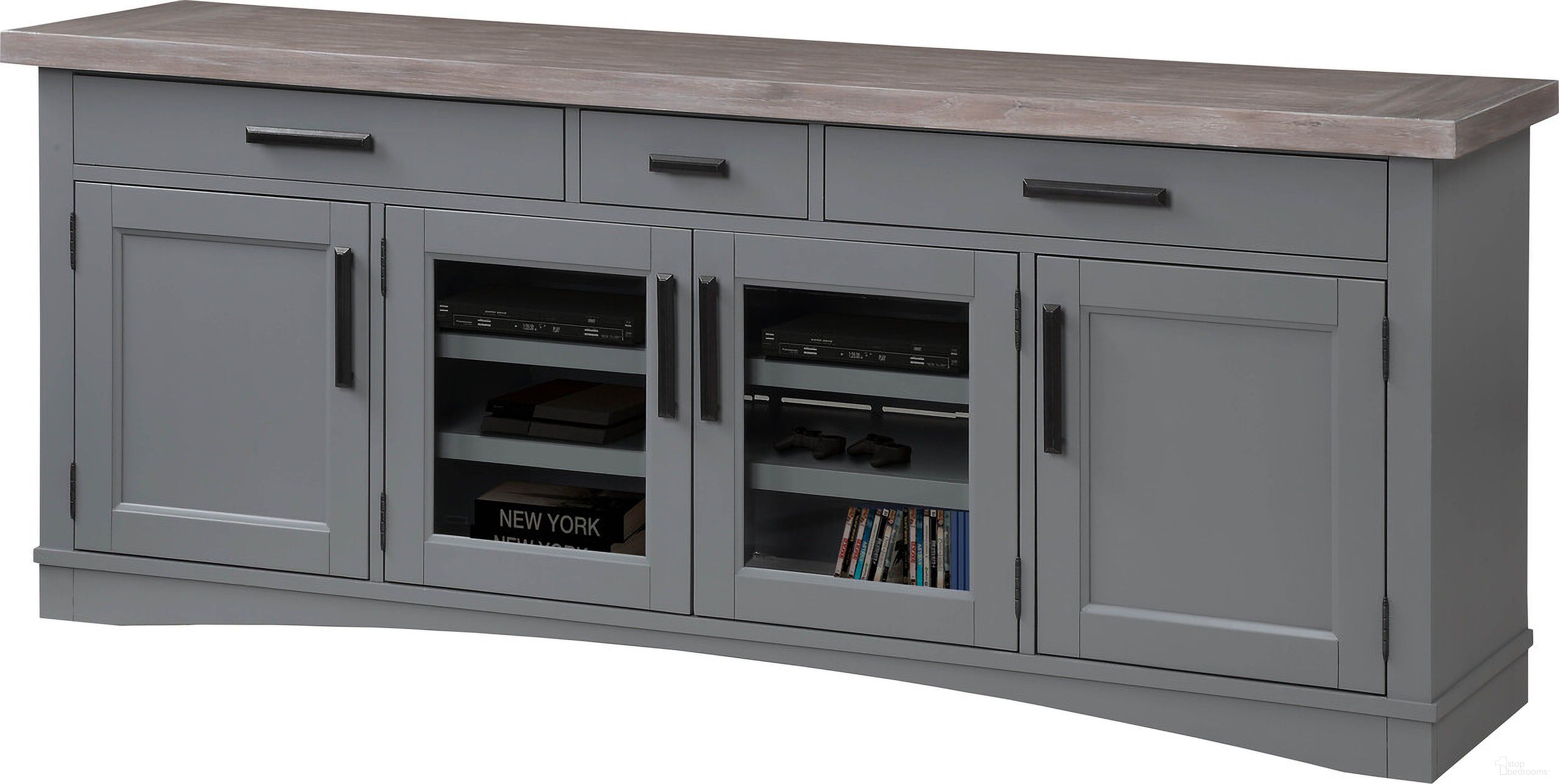 The appearance of Americana Modern Dove 76 Inch TV Console designed by Parker House in the transitional interior design. This gray and beige piece of furniture was selected by 1StopBedrooms from Americana Modern Collection to add a touch of cosiness and style into your home. Sku: AME#76-DOV. Material: Poplar Solid.