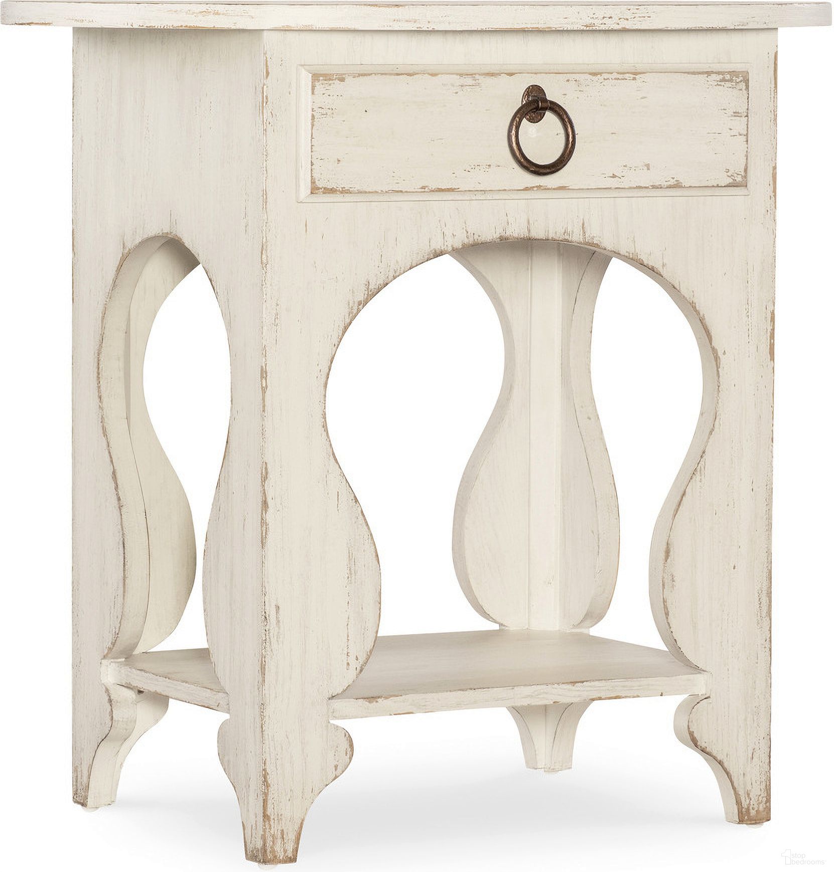 The appearance of Americana One-Drawer Oval Nightstand In White designed by Hooker in the transitional interior design. This white piece of furniture was selected by 1StopBedrooms from Americana Collection to add a touch of cosiness and style into your home. Sku: 7050-90115-02. Material: Oak Veneer.
