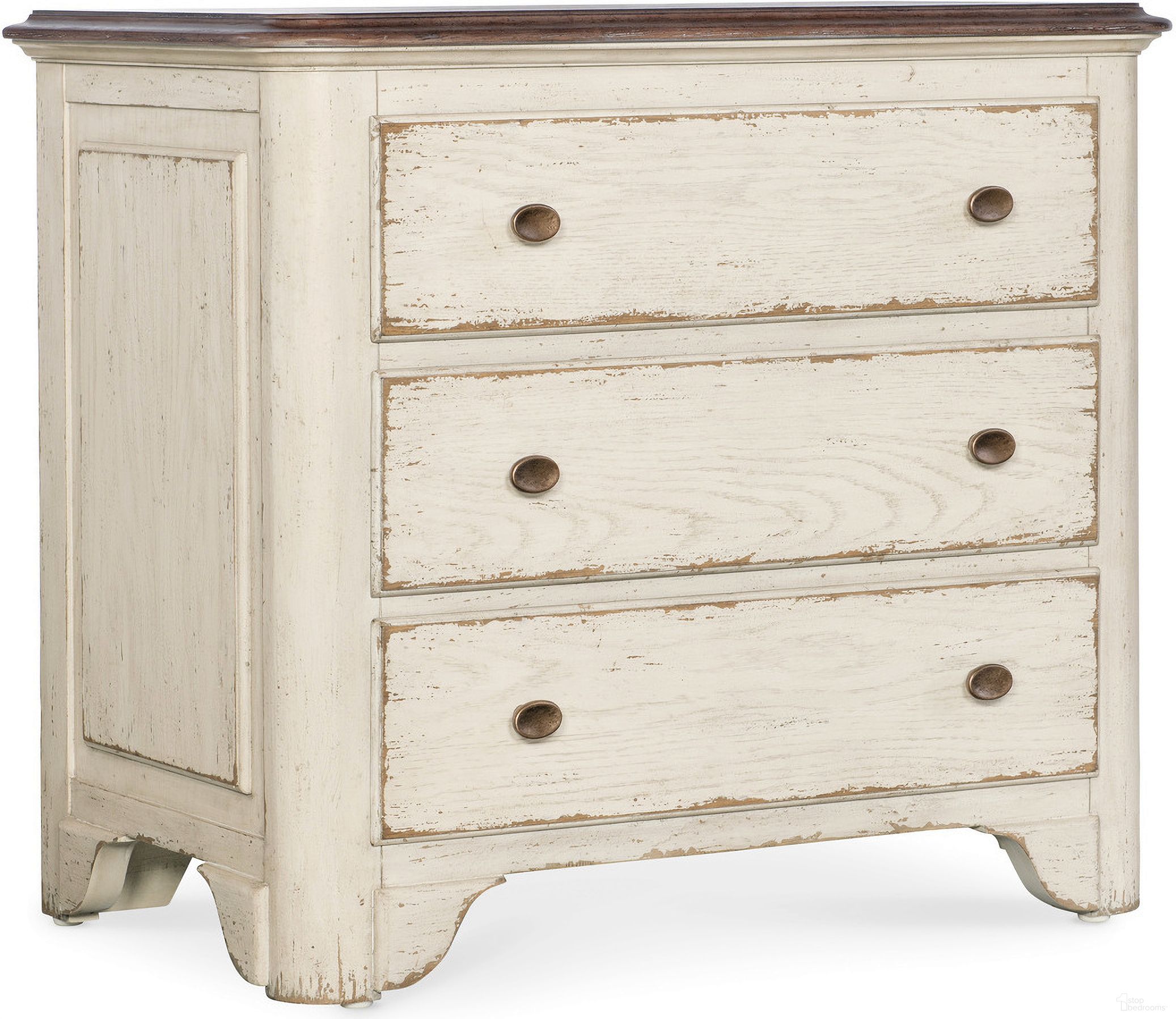 The appearance of Americana 34 Inch Three-Drawer Nightstand In White designed by Hooker in the transitional interior design. This white piece of furniture was selected by 1StopBedrooms from Americana Collection to add a touch of cosiness and style into your home. Sku: 7050-90016-02. Material: Oak Veneer.