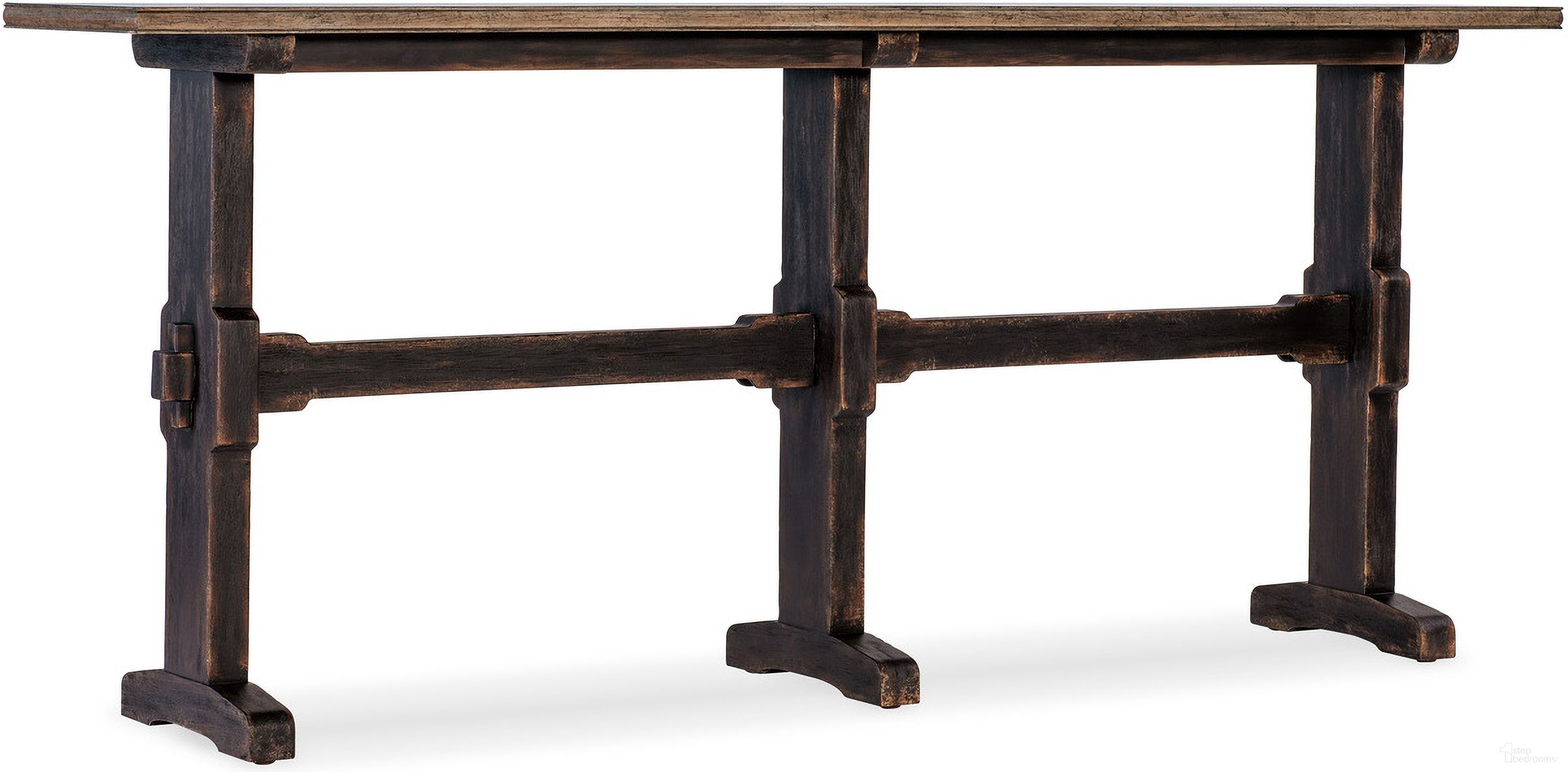 The appearance of Americana Trestle Console Table In Black designed by Hooker in the transitional interior design. This black piece of furniture was selected by 1StopBedrooms from Americana Collection to add a touch of cosiness and style into your home. Sku: 7050-80151-89. Material: Oak Veneer.
