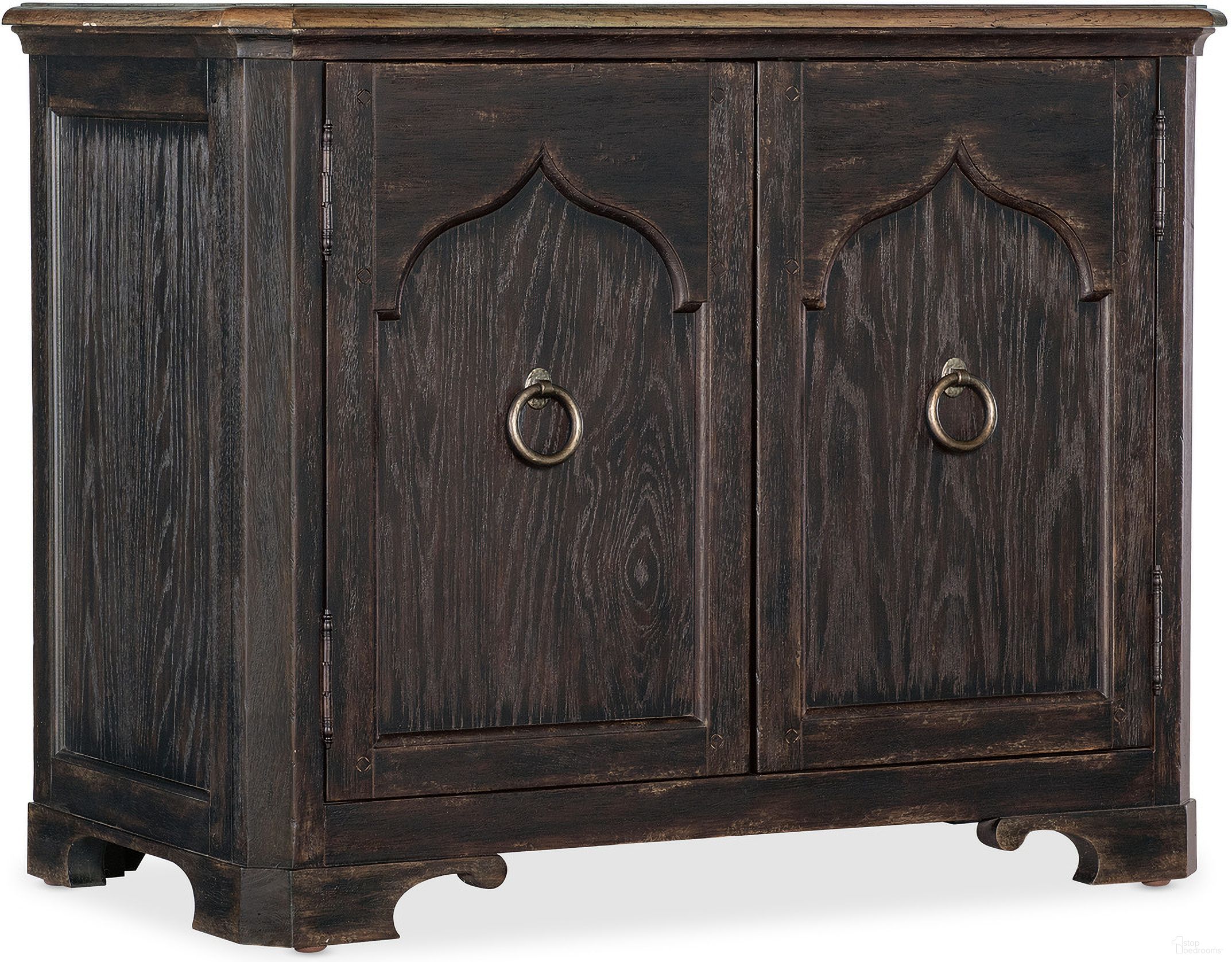 The appearance of Americana Two-Door Nightstand In Black designed by Hooker in the transitional interior design. This black piece of furniture was selected by 1StopBedrooms from Americana Collection to add a touch of cosiness and style into your home. Sku: 7050-90017-89. Material: Oak Veneer.