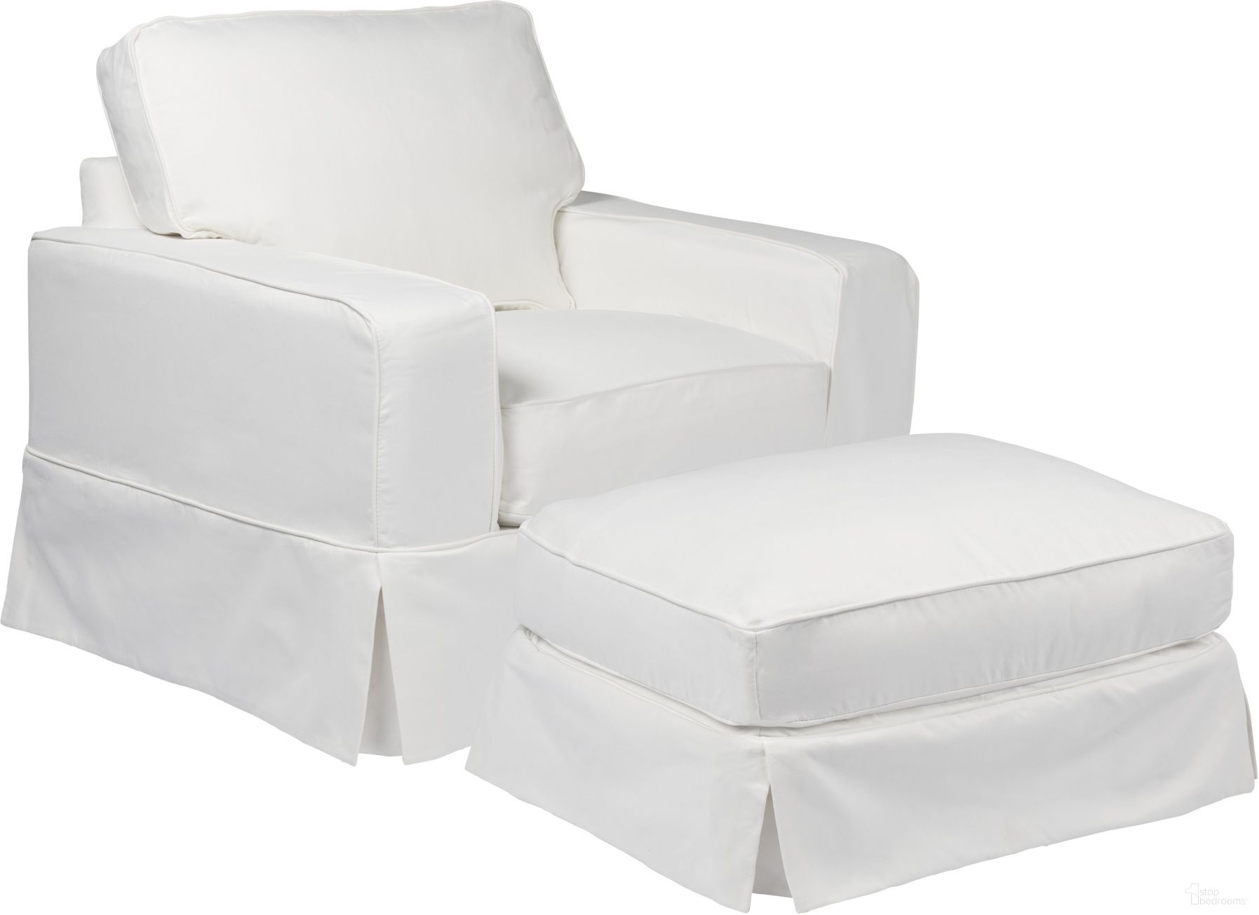 The appearance of Americana White Box Cushion Slipcovered Chair and Ottoman designed by Sunset Trading in the modern / contemporary interior design. This white piece of furniture  was selected by 1StopBedrooms from Americana Collection to add a touch of cosiness and style into your home. Sku: SU-108520-391081;SU-108530-391081. Material: Wood.