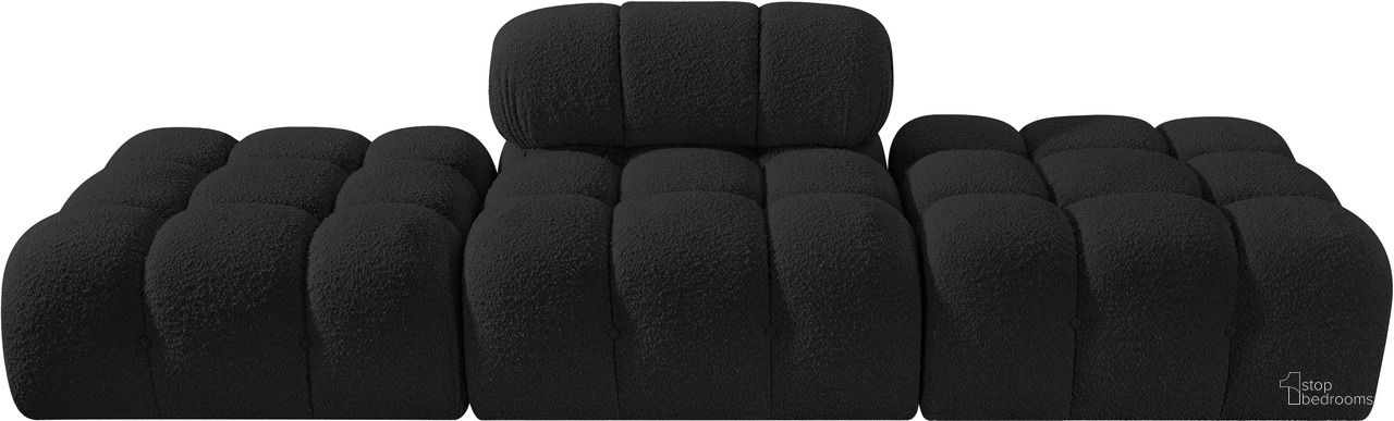 The appearance of Ames 102 Inch Boucle Fabric Upholstered 3 Piece Modular Sofa In Black designed by Meridian in the modern / contemporary interior design. This black piece of furniture  was selected by 1StopBedrooms from Ames Collection to add a touch of cosiness and style into your home. Sku: 611Black-Armless;611Black-Ott;611Black-Ott. Material: Boucle.