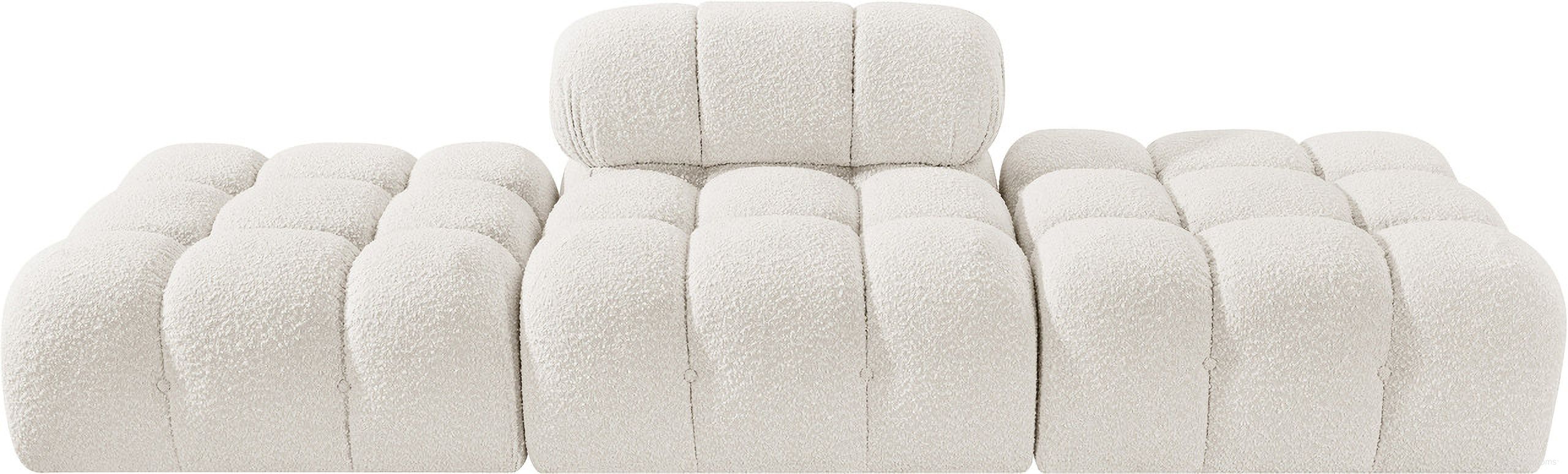 The appearance of Ames 102 Inch Boucle Fabric Upholstered 3 Piece Modular Sofa In Cream designed by Meridian in the modern / contemporary interior design. This cream piece of furniture  was selected by 1StopBedrooms from Ames Collection to add a touch of cosiness and style into your home. Sku: 611Cream-Armless;611Cream-Ott;611Cream-Ott. Material: Boucle.