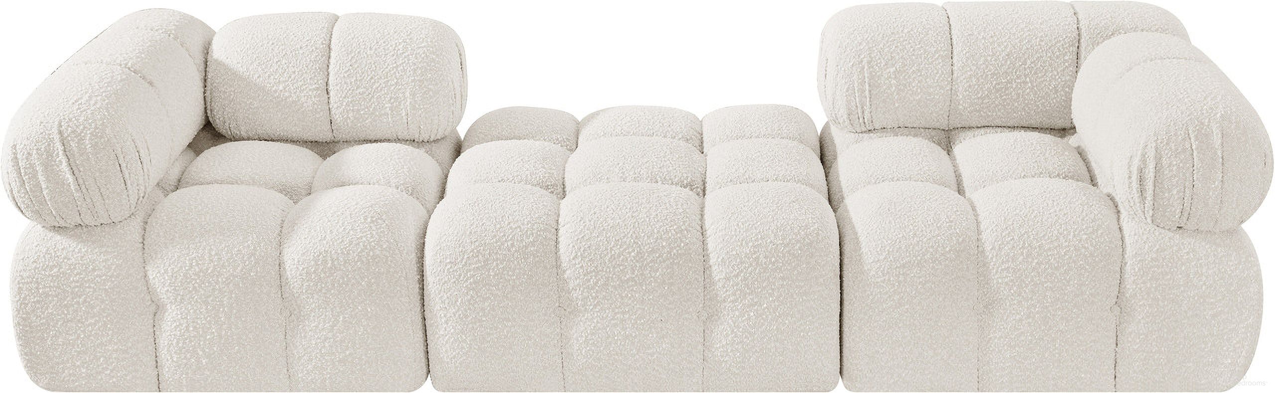 The appearance of Ames 102 Inch Boucle Fabric Upholstered 3 Piece Modular Sofa In Cream designed by Meridian in the modern / contemporary interior design. This cream piece of furniture was selected by 1StopBedrooms from Ames Collection to add a touch of cosiness and style into your home. Sku: 611Cream-Corner;611Cream-Corner;611Cream-Ott. Material: Boucle.