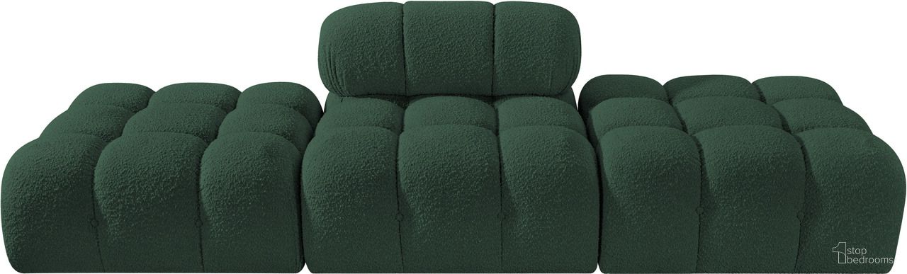 The appearance of Ames 102 Inch Boucle Fabric Upholstered 3 Piece Modular Sofa In Green designed by Meridian in the modern / contemporary interior design. This green piece of furniture  was selected by 1StopBedrooms from Ames Collection to add a touch of cosiness and style into your home. Sku: 611Green-Armless;611Green-Ott;611Green-Ott. Material: Boucle.
