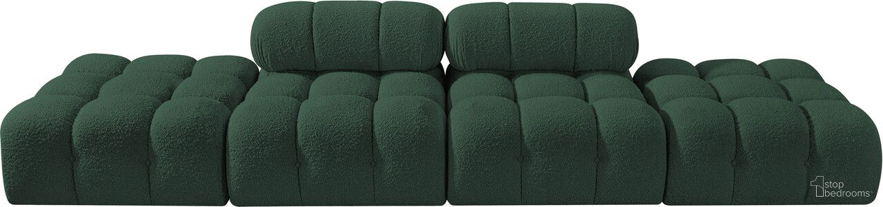 The appearance of Ames 136 Inch Boucle Fabric Upholstered 4 Piece Modular Sofa In Green designed by Meridian in the modern / contemporary interior design. This green piece of furniture  was selected by 1StopBedrooms from Ames Collection to add a touch of cosiness and style into your home. Sku: 611Green-Armless;611Green-Armless;611Green-Ott;611Green-Ott. Material: Boucle.