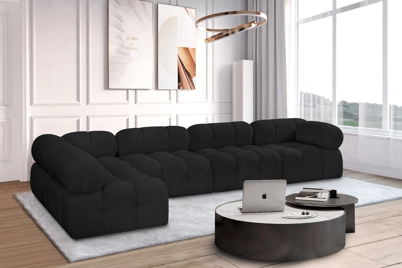 The appearance of Ames Boucle Fabric 5 Piece Modular Sectional In Black designed by Meridian in the modern / contemporary interior design. This black piece of furniture  was selected by 1StopBedrooms from Ames Collection to add a touch of cosiness and style into your home. Sku: 611Black-Armless;611Black-Armless;611Black-Armless;611Black-Corner;611Black-Corner. Layout: Modular. Material: Boucle.