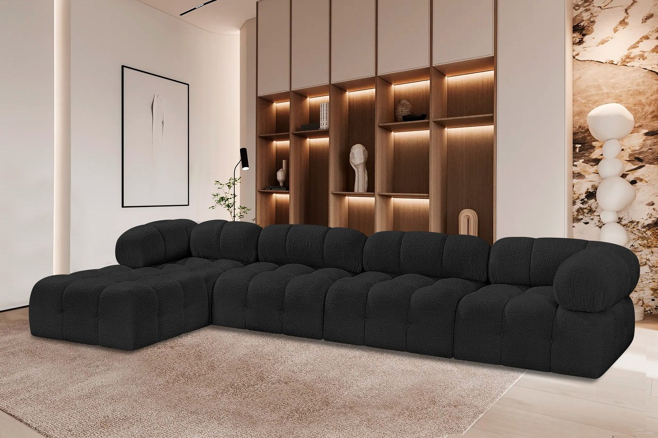 The appearance of Ames Boucle Fabric 5 Piece Modular Sectional In Black designed by Meridian in the modern / contemporary interior design. This black piece of furniture was selected by 1StopBedrooms from Ames Collection to add a touch of cosiness and style into your home. Sku: 611Black-Armless;611Black-Armless;611Black-Corner;611Black-Corner;611Black-Ott. Layout: Modular. Material: Boucle.