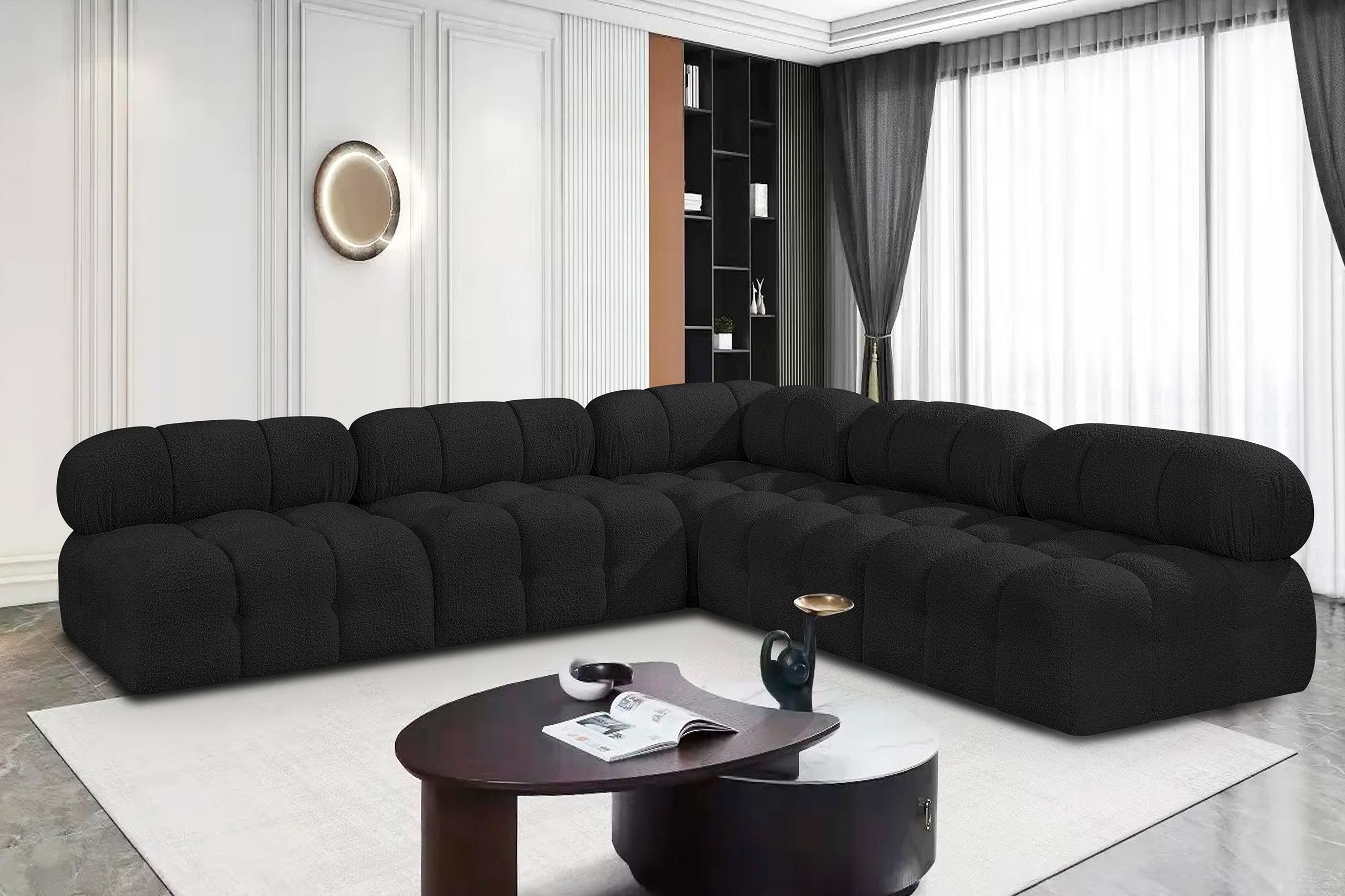 The appearance of Ames Boucle Fabric 5 Piece Modular Sectional In Black designed by Meridian in the modern / contemporary interior design. This black piece of furniture  was selected by 1StopBedrooms from Ames Collection to add a touch of cosiness and style into your home. Sku: 611Black-Armless;611Black-Armless;611Black-Armless;611Black-Armless;611Black-Corner. Layout: Modular. Material: Boucle.