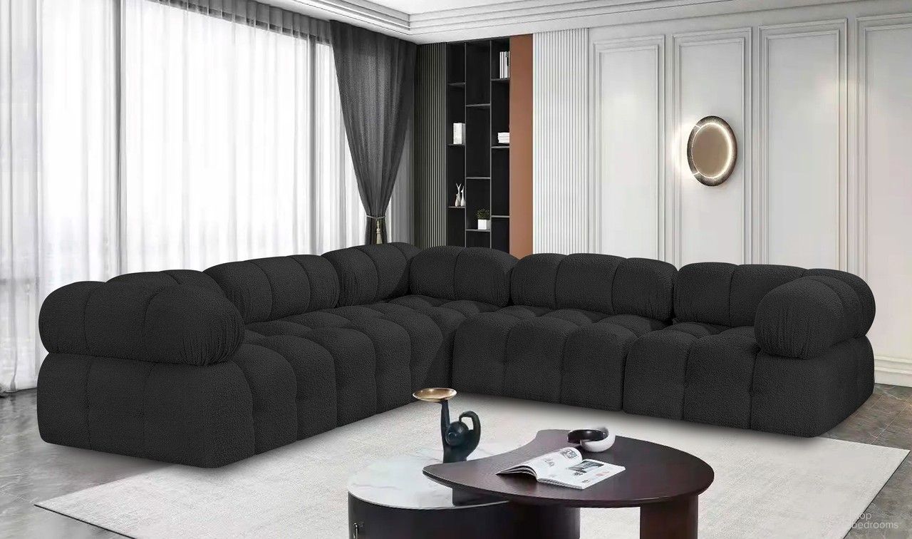 The appearance of Ames Boucle Fabric 5 Piece Modular Sectional In Black designed by Meridian in the modern / contemporary interior design. This black piece of furniture  was selected by 1StopBedrooms from Ames Collection to add a touch of cosiness and style into your home. Sku: 611Black-Armless;611Black-Armless;611Black-Corner;611Black-Corner;611Black-Corner. Layout: Modular. Material: Boucle.