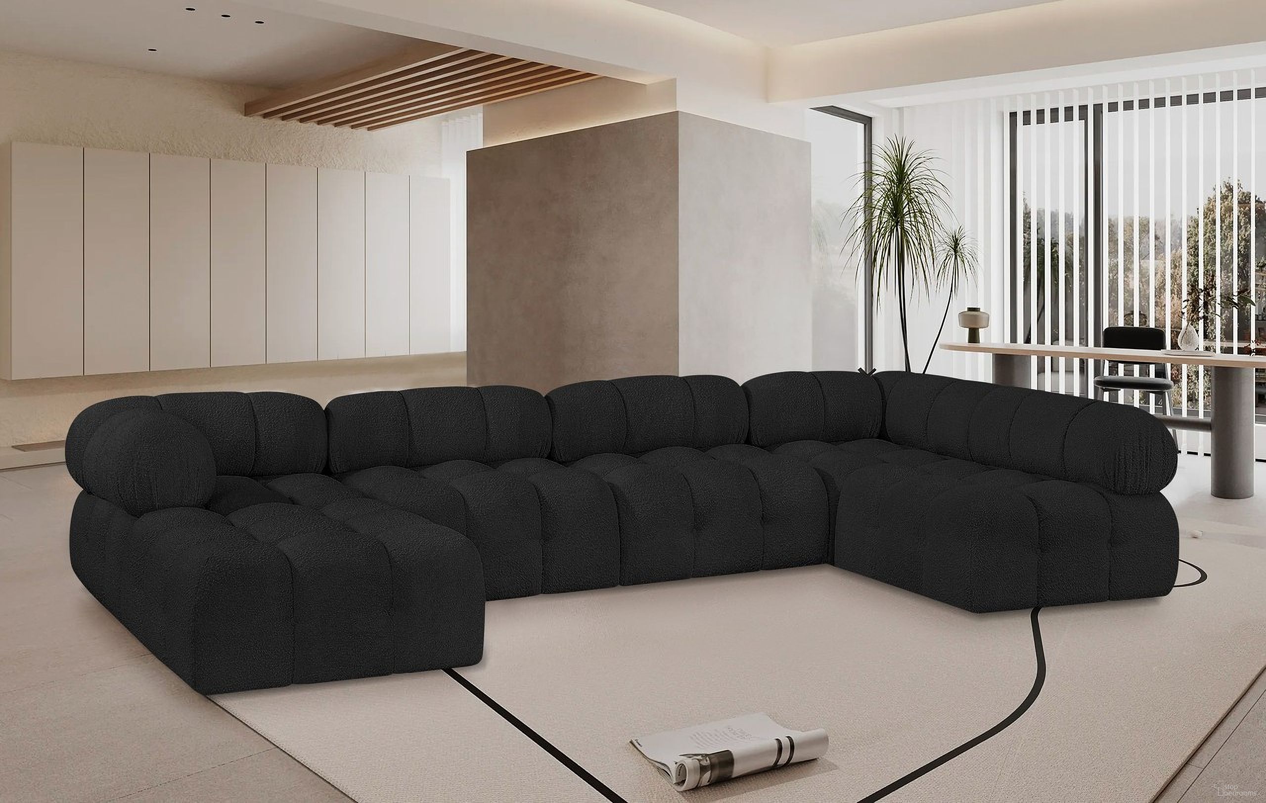 The appearance of Ames Boucle Fabric 6 Piece Modular Sectional In Black designed by Meridian in the modern / contemporary interior design. This black piece of furniture  was selected by 1StopBedrooms from Ames Collection to add a touch of cosiness and style into your home. Sku: 611Black-Armless;611Black-Armless;611Black-Armless;611Black-Corner;611Black-Corner;611Black-Ott. Layout: Modular. Material: Boucle.