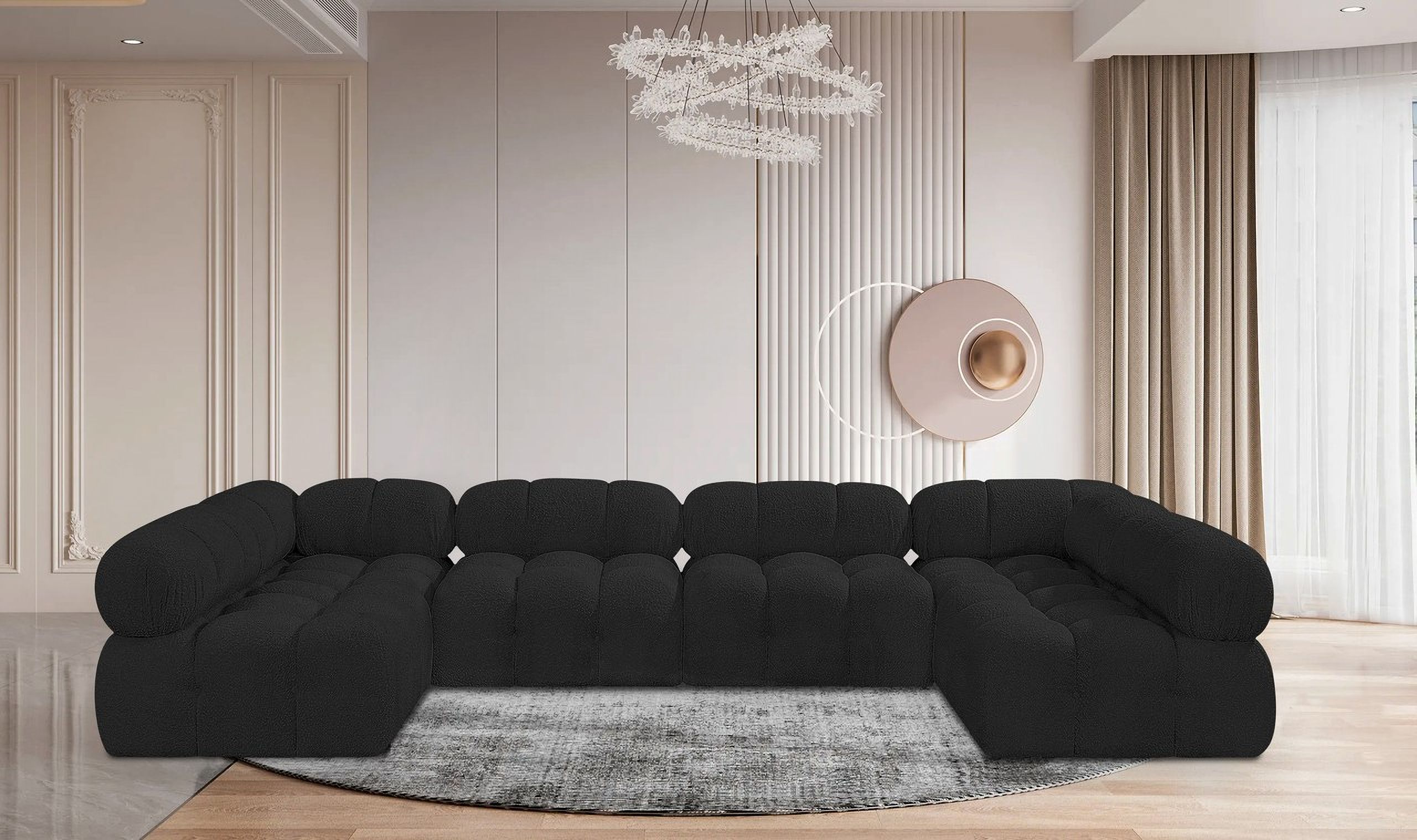 The appearance of Ames Boucle Fabric 6 Piece Modular Sectional In Black designed by Meridian in the modern / contemporary interior design. This black piece of furniture  was selected by 1StopBedrooms from Ames Collection to add a touch of cosiness and style into your home. Sku: 611Black-Armless;611Black-Armless;611Black-Armless;611Black-Armless;611Black-Corner;611Black-Corner. Layout: Modular. Material: Boucle.