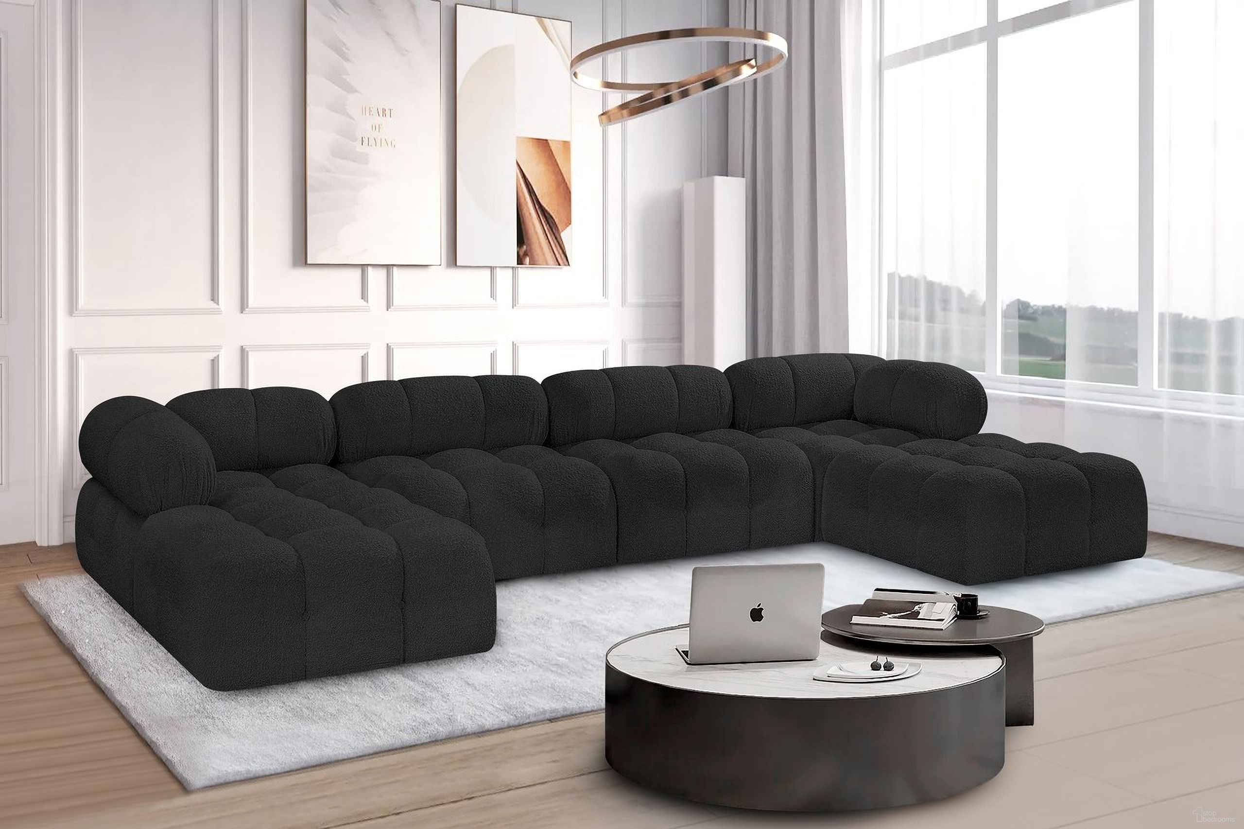 The appearance of Ames Boucle Fabric 6 Piece Modular Sectional In Black designed by Meridian in the modern / contemporary interior design. This black piece of furniture was selected by 1StopBedrooms from Ames Collection to add a touch of cosiness and style into your home. Sku: 611Black-Armless;611Black-Armless;611Black-Corner;611Black-Corner;611Black-Ott;611Black-Ott. Layout: Modular. Material: Boucle.