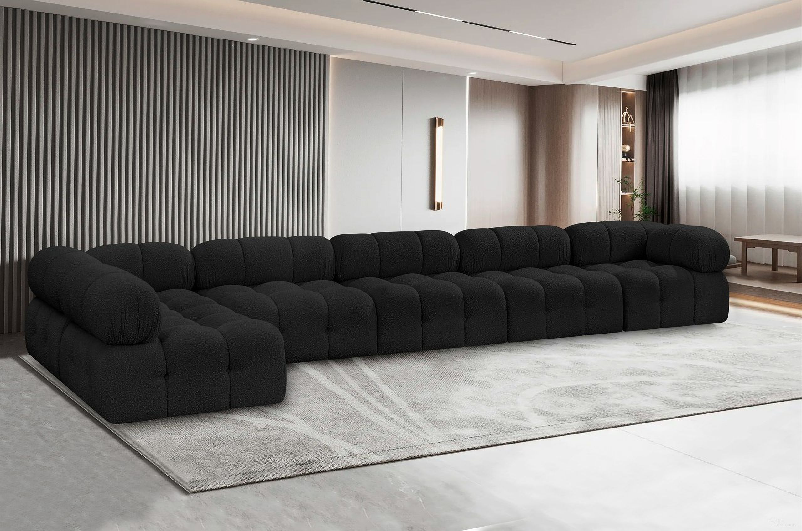 The appearance of Ames Boucle Fabric 6 Piece Modular Sectional In Black designed by Meridian in the modern / contemporary interior design. This black piece of furniture was selected by 1StopBedrooms from Ames Collection to add a touch of cosiness and style into your home. Sku: 611Black-Armless;611Black-Armless;611Black-Armless;611Black-Armless;611Black-Corner;611Black-Corner. Layout: Modular. Material: Boucle.