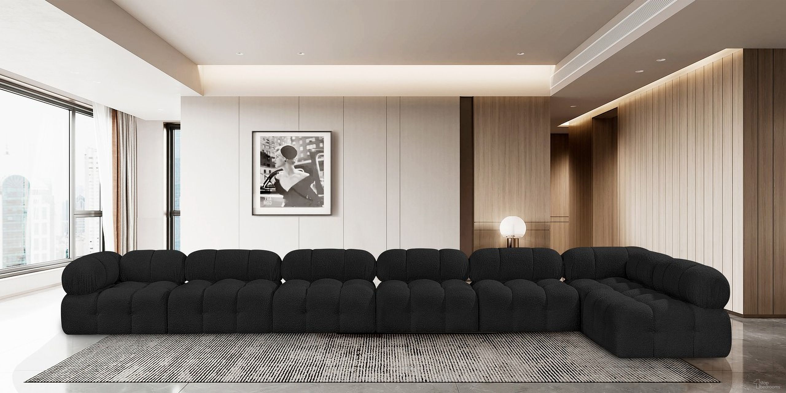The appearance of Ames Boucle Fabric 7 Piece Modular Sectional In Black designed by Meridian in the modern / contemporary interior design. This black piece of furniture was selected by 1StopBedrooms from Ames Collection to add a touch of cosiness and style into your home. Sku: 611Black-Armless;611Black-Armless;611Black-Armless;611Black-Armless;611Black-Armless;611Black-Corner;611Black-Corner. Layout: Modular. Material: Boucle.
