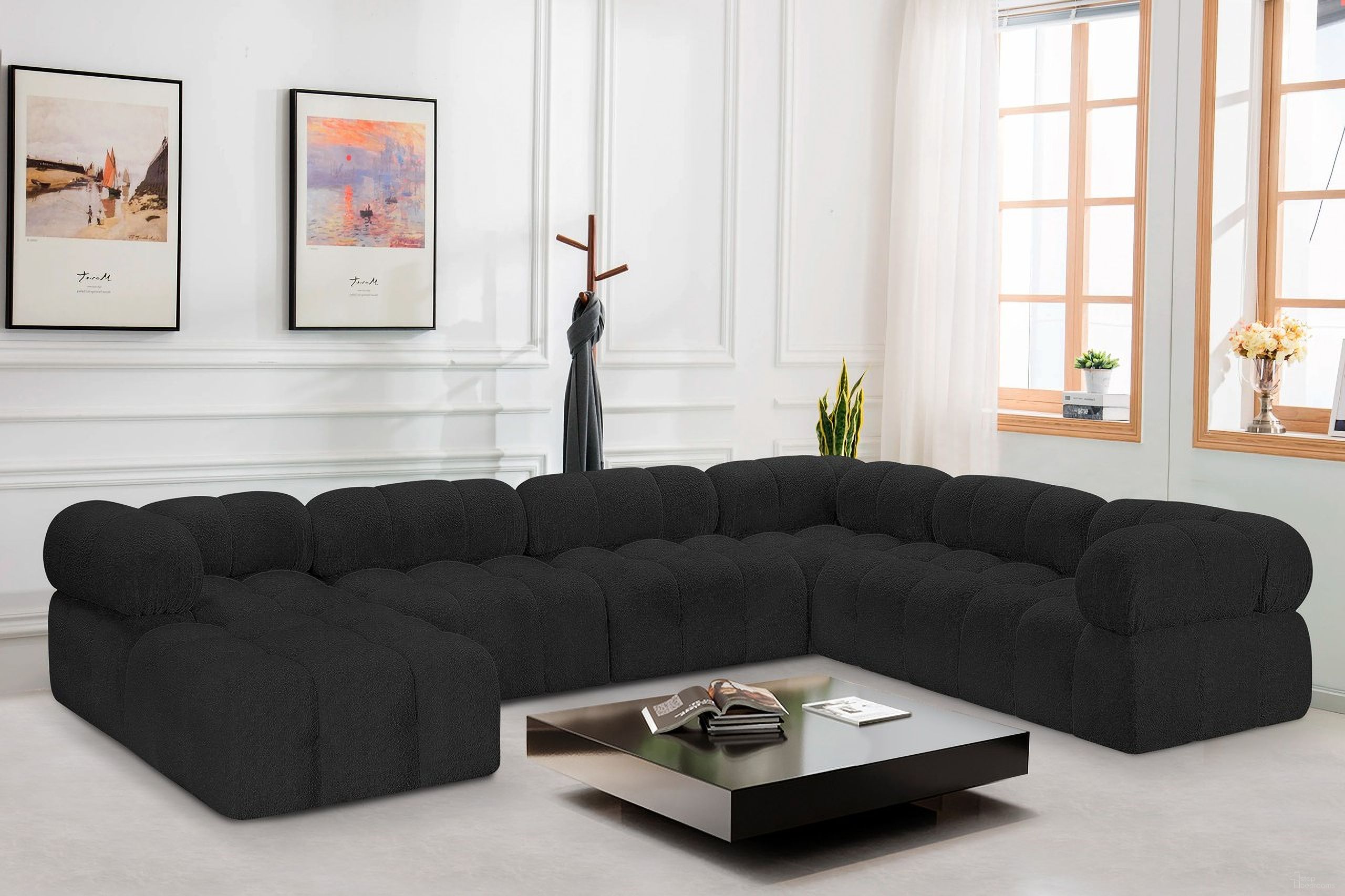The appearance of Ames Boucle Fabric 7 Piece Modular Sectional In Black designed by Meridian in the modern / contemporary interior design. This black piece of furniture  was selected by 1StopBedrooms from Ames Collection to add a touch of cosiness and style into your home. Sku: 611Black-Armless;611Black-Armless;611Black-Armless;611Black-Corner;611Black-Corner;611Black-Corner;611Black-Ott. Layout: Modular. Material: Boucle.