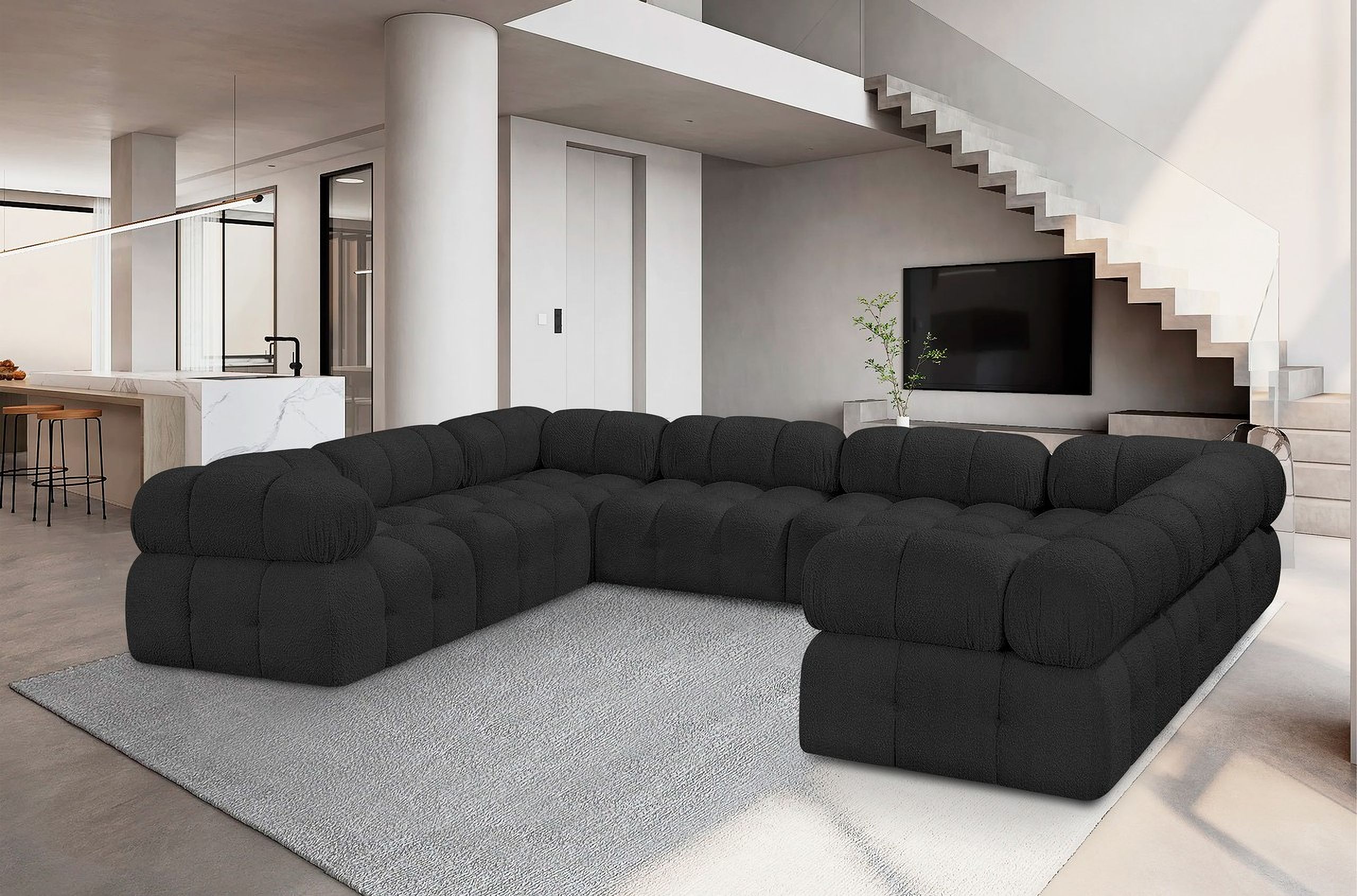 The appearance of Ames Boucle Fabric 8 Piece Modular Sectional In Black designed by Meridian in the modern / contemporary interior design. This black piece of furniture  was selected by 1StopBedrooms from Ames Collection to add a touch of cosiness and style into your home. Sku: 611Black-Armless;611Black-Armless;611Black-Armless;611Black-Armless;611Black-Corner;611Black-Corner;611Black-Corner;611Black-Corner. Layout: Modular. Material: Boucle.