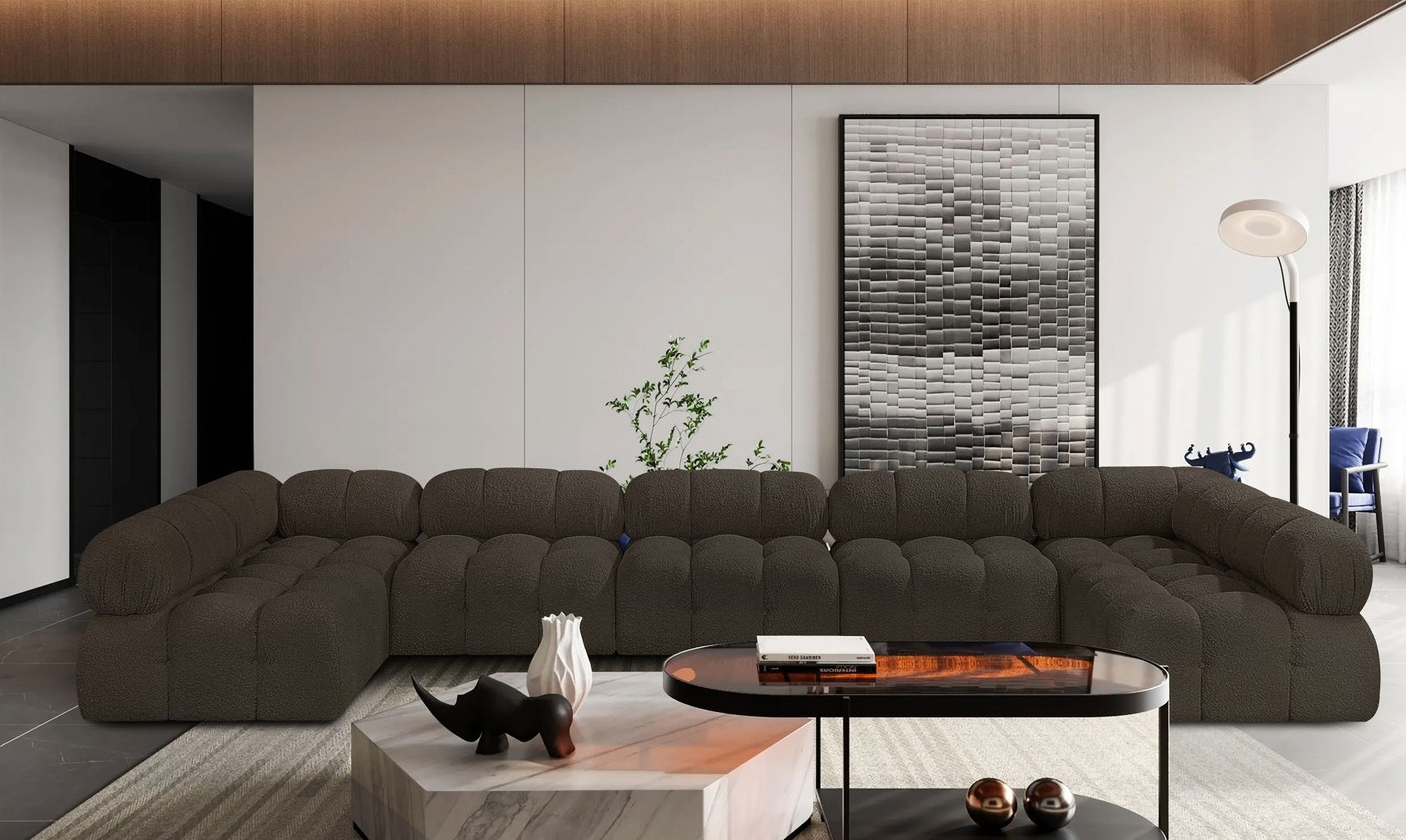 Ames Boucle Fabric 7 Piece Modular Sectional In Brown