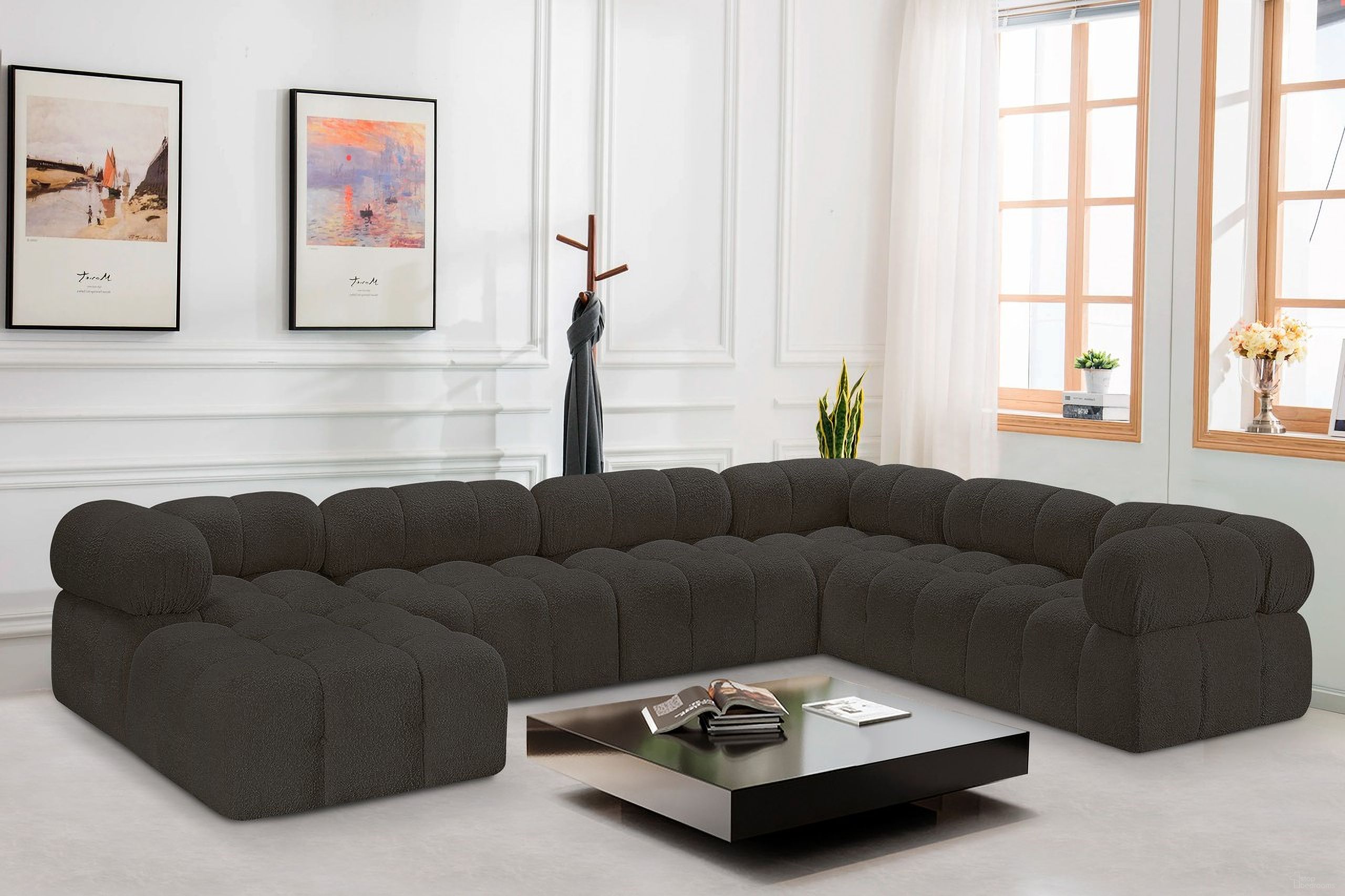 Ames Boucle Fabric 7 Piece Modular Sectional In Brown