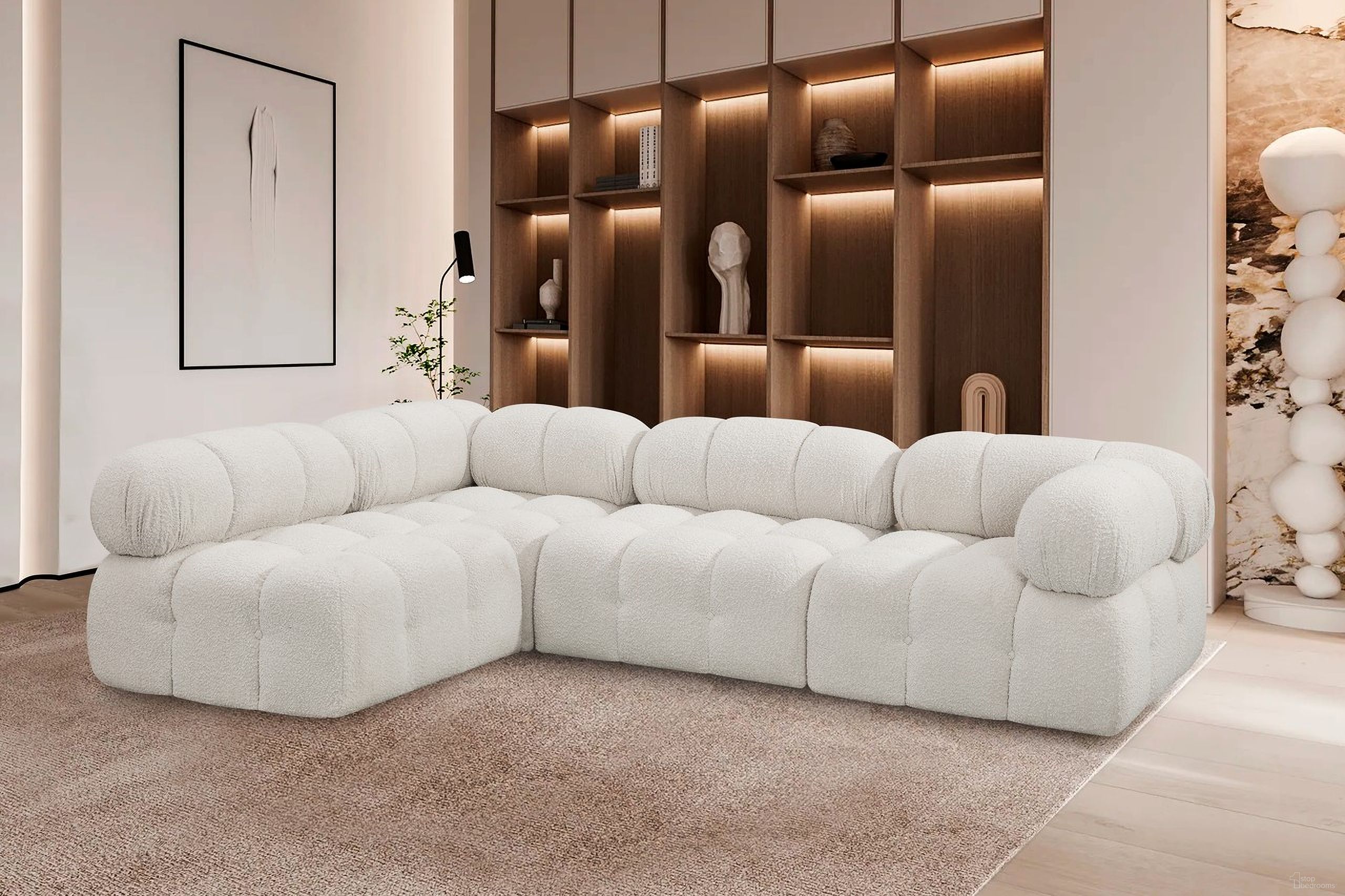 The appearance of Ames Boucle Fabric 4 Piece Modular Sectional In Cream designed by Meridian in the modern / contemporary interior design. This cream piece of furniture was selected by 1StopBedrooms from Ames Collection to add a touch of cosiness and style into your home. Sku: 611Cream-Armless;611Cream-Armless;611Cream-Corner;611Cream-Corner. Layout: Modular. Material: Boucle.