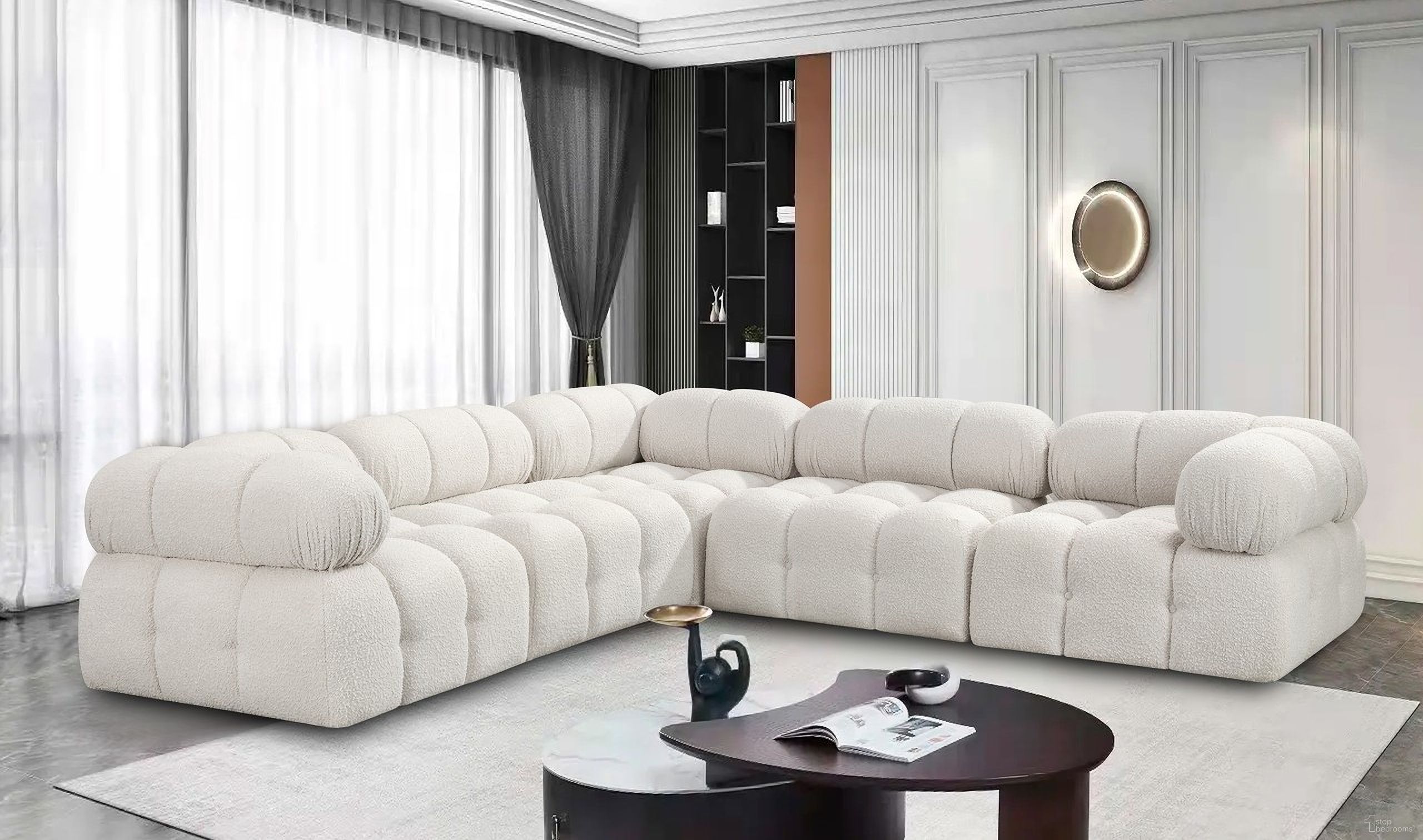 The appearance of Ames Boucle Fabric 5 Piece Modular Sectional In Cream designed by Meridian in the modern / contemporary interior design. This cream piece of furniture was selected by 1StopBedrooms from Ames Collection to add a touch of cosiness and style into your home. Sku: 611Cream-Armless;611Cream-Armless;611Cream-Corner;611Cream-Corner;611Cream-Corner. Layout: Modular. Material: Boucle.