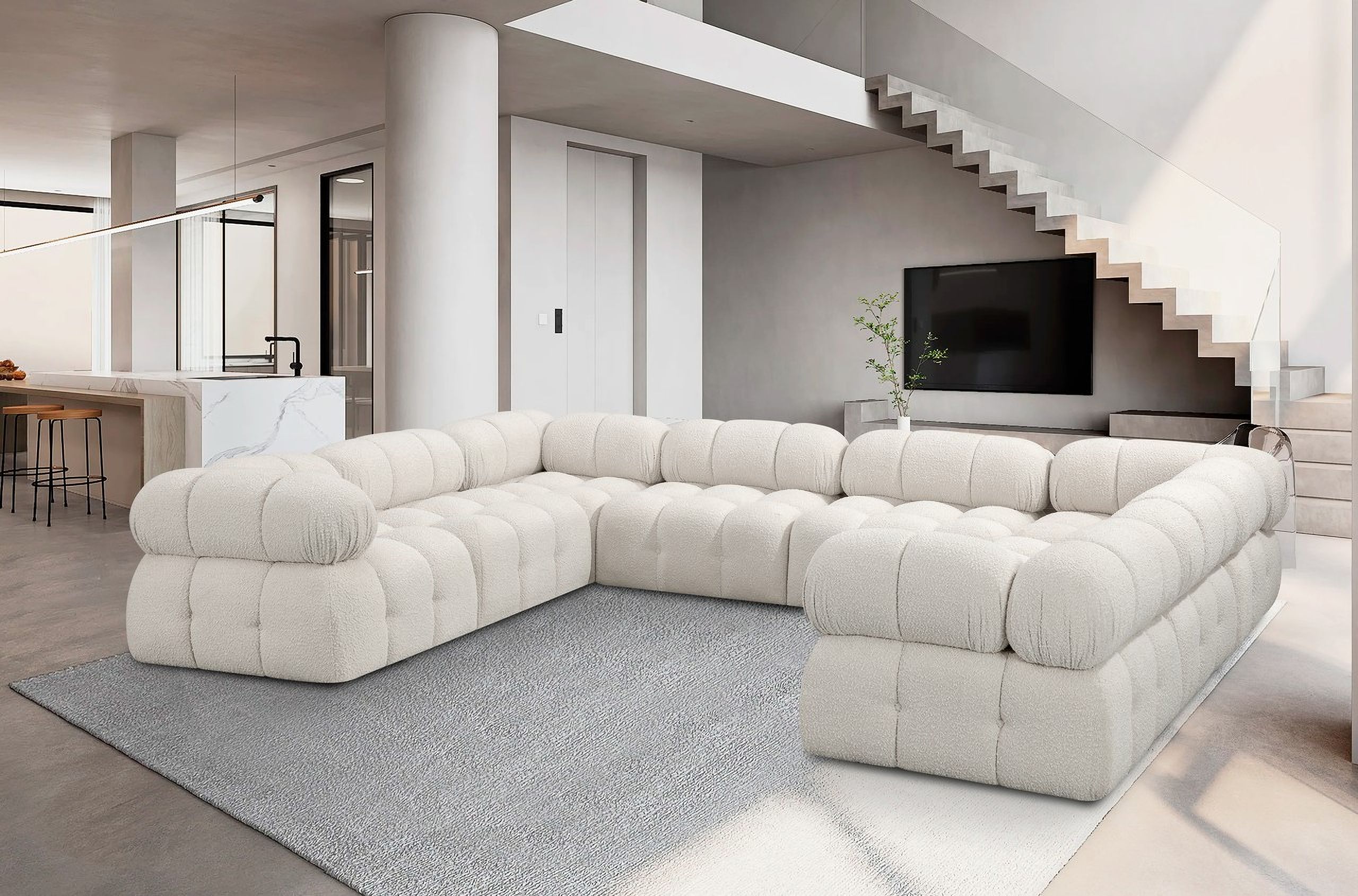 Ames Boucle Fabric 8 Piece Modular Sectional In Cream