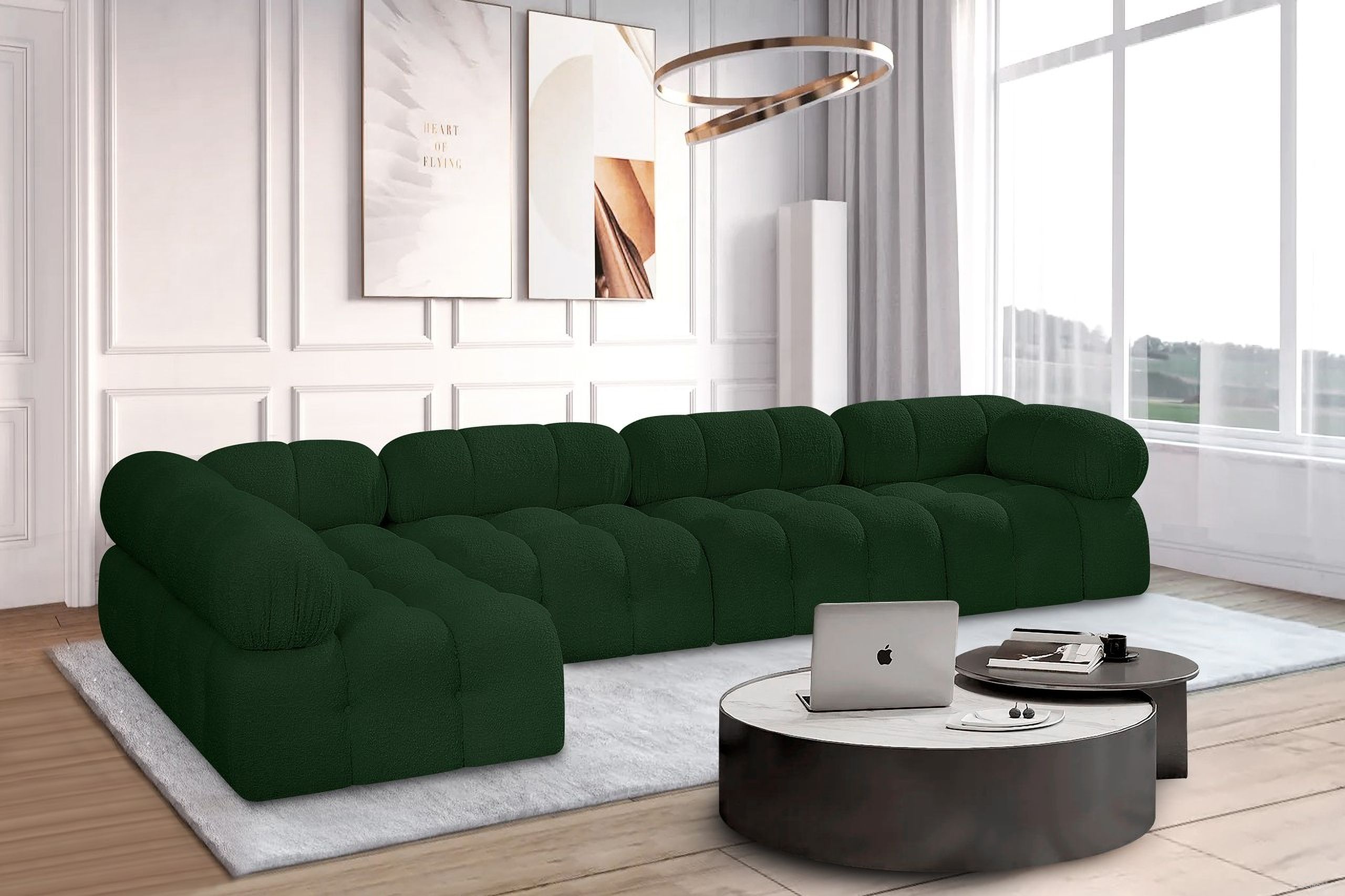 Ames Boucle Fabric 5 Piece Modular Sectional In Green