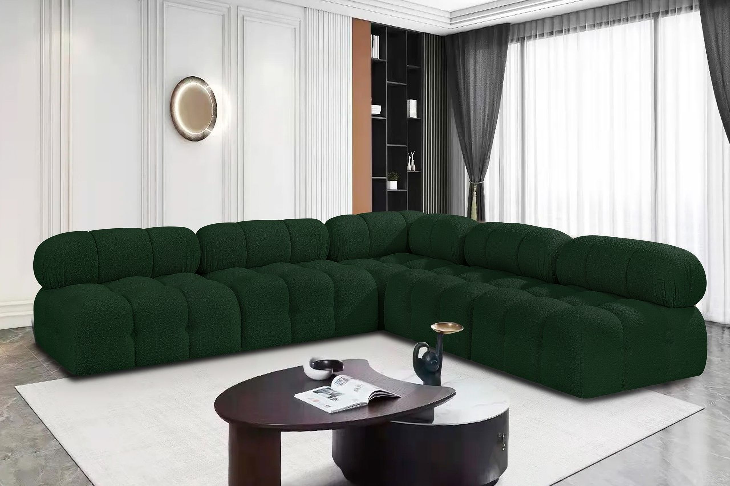 The appearance of Ames Boucle Fabric 5 Piece Modular Sectional In Green designed by Meridian in the modern / contemporary interior design. This green piece of furniture  was selected by 1StopBedrooms from Ames Collection to add a touch of cosiness and style into your home. Sku: 611Green-Armless;611Green-Armless;611Green-Armless;611Green-Armless;611Green-Corner. Layout: Modular. Material: Boucle.