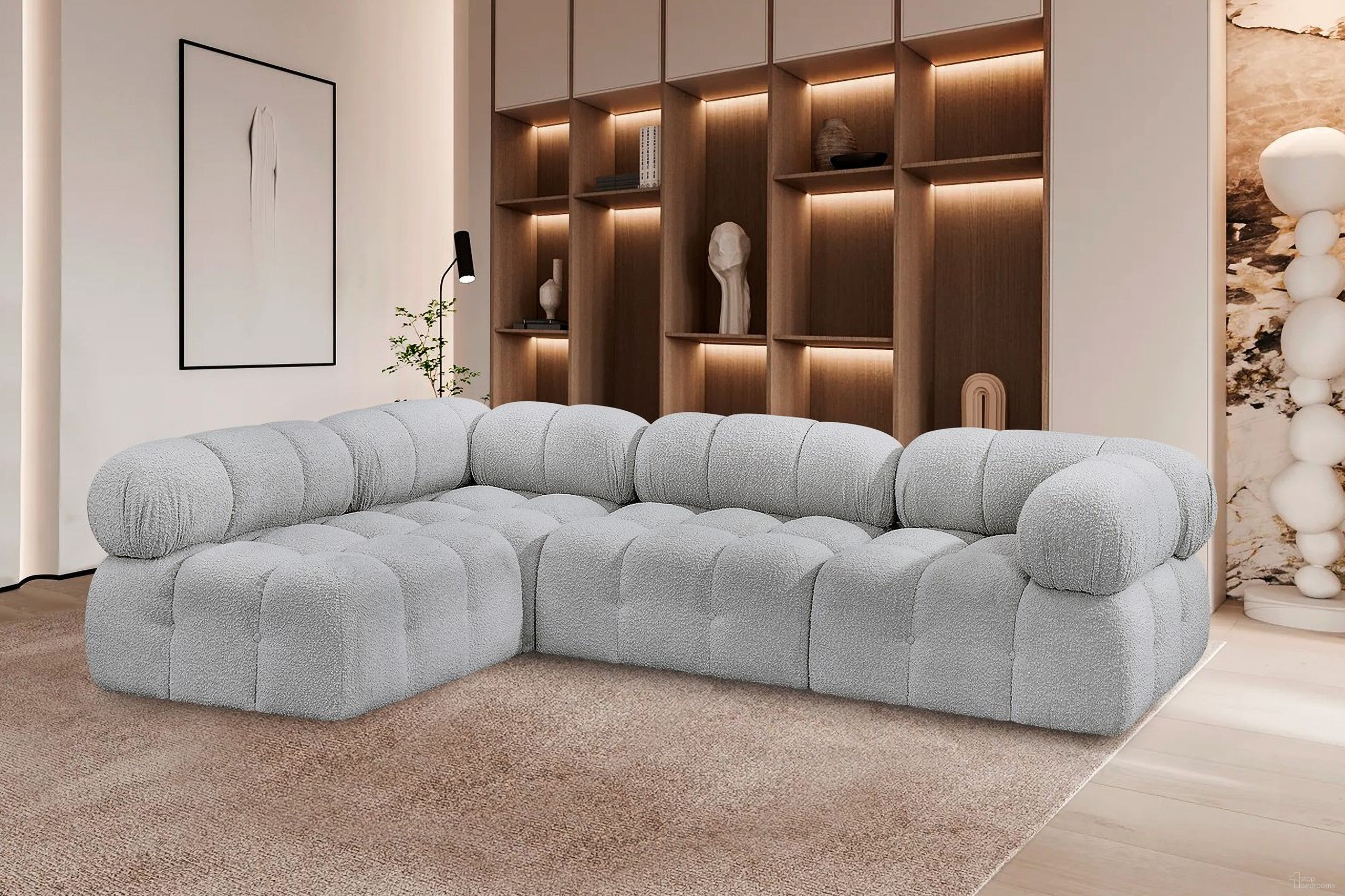 The appearance of Ames Boucle Fabric 4 Piece Modular Sectional In Grey designed by Meridian in the modern / contemporary interior design. This grey piece of furniture  was selected by 1StopBedrooms from Ames Collection to add a touch of cosiness and style into your home. Sku: 611Grey-Armless;611Grey-Armless;611Grey-Corner;611Grey-Corner. Layout: Modular. Material: Boucle.
