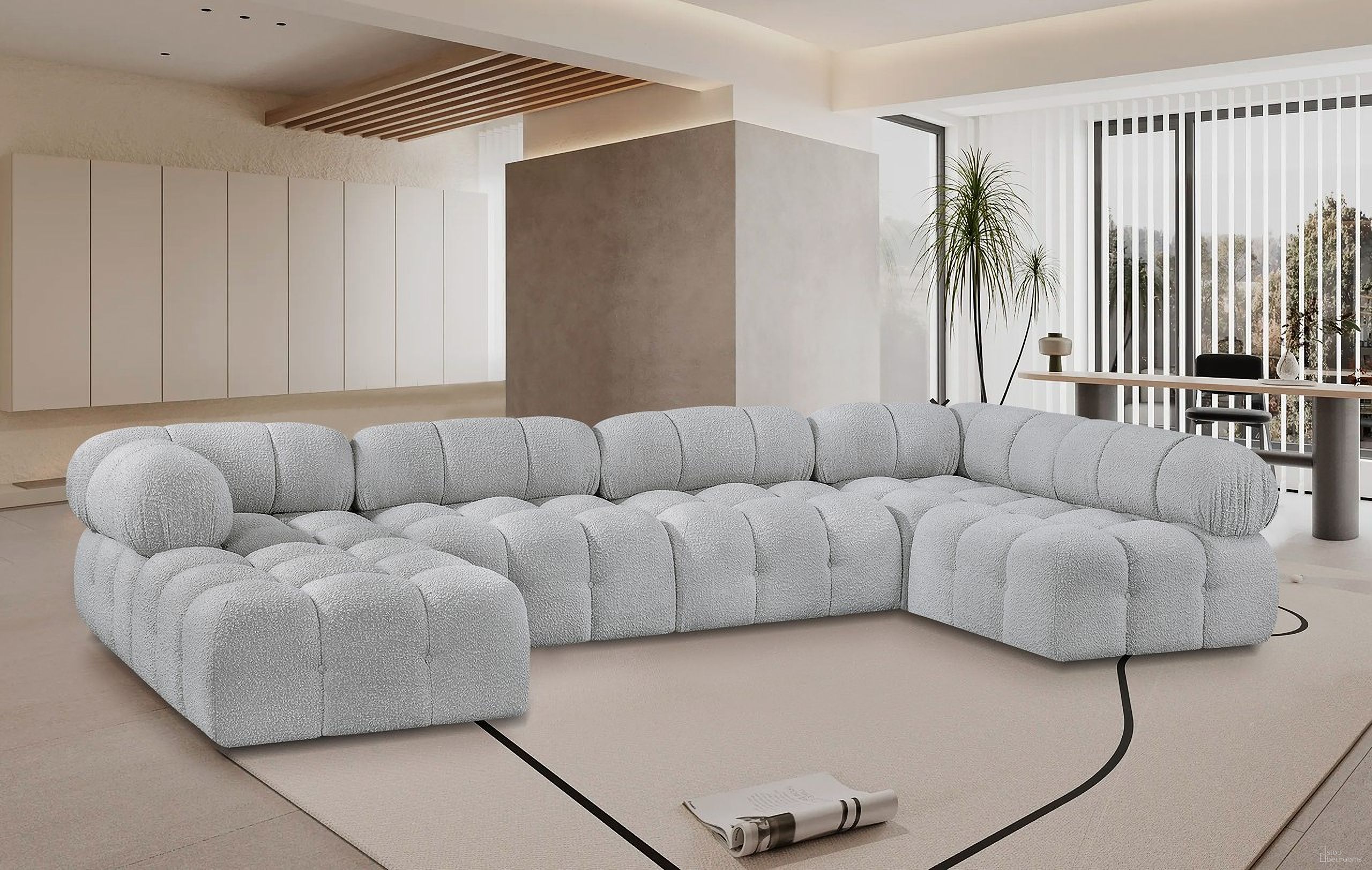 The appearance of Ames Boucle Fabric 6 Piece Modular Sectional In Grey designed by Meridian in the modern / contemporary interior design. This grey piece of furniture  was selected by 1StopBedrooms from Ames Collection to add a touch of cosiness and style into your home. Sku: 611Grey-Armless;611Grey-Armless;611Grey-Armless;611Grey-Corner;611Grey-Corner;611Grey-Ott. Layout: Modular. Material: Boucle.