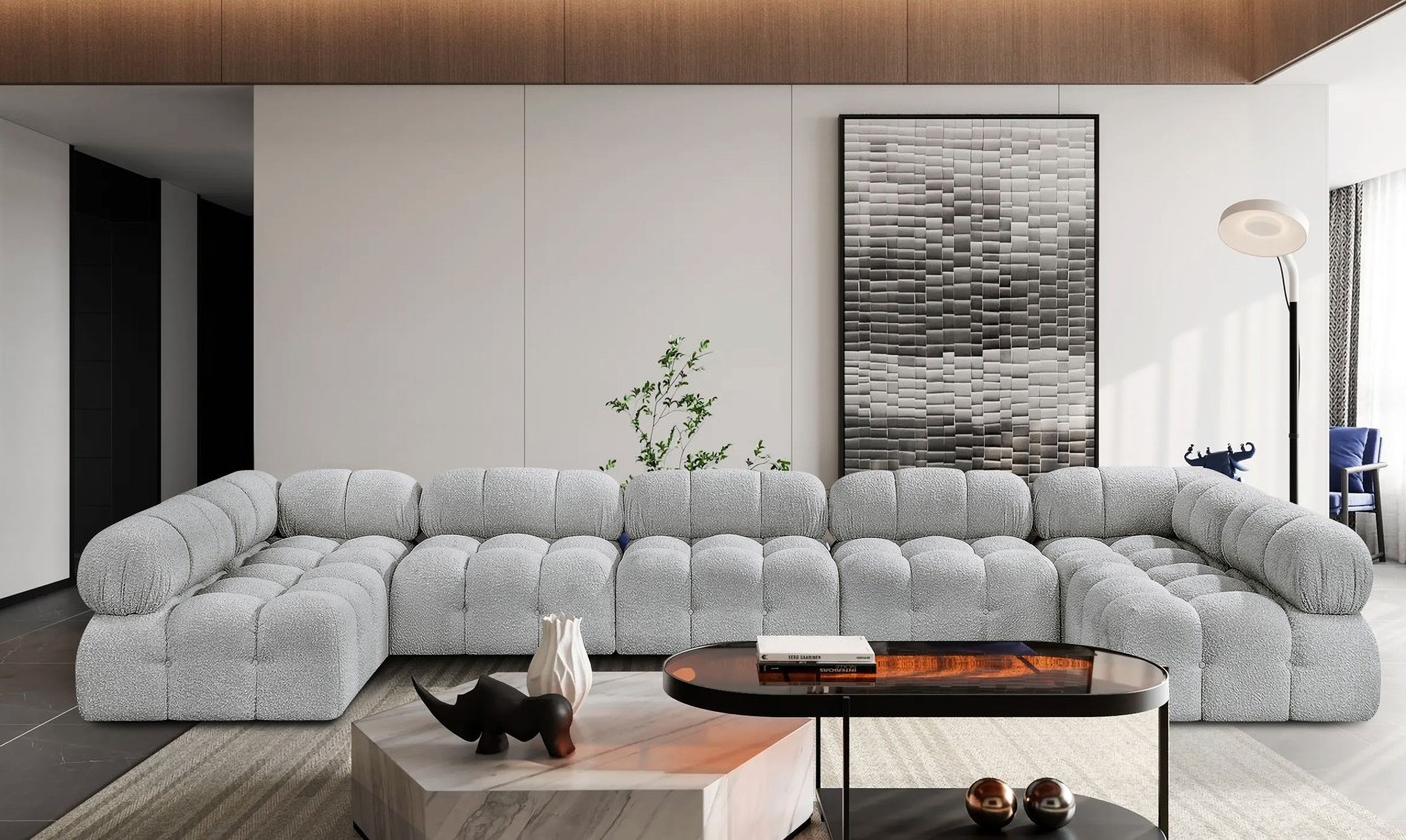 Ames Boucle Fabric 7 Piece Modular Sectional In Grey