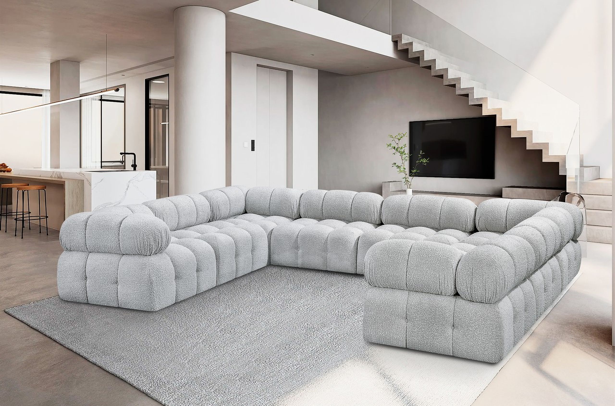 Ames Boucle Fabric 8 Piece Modular Sectional In Grey