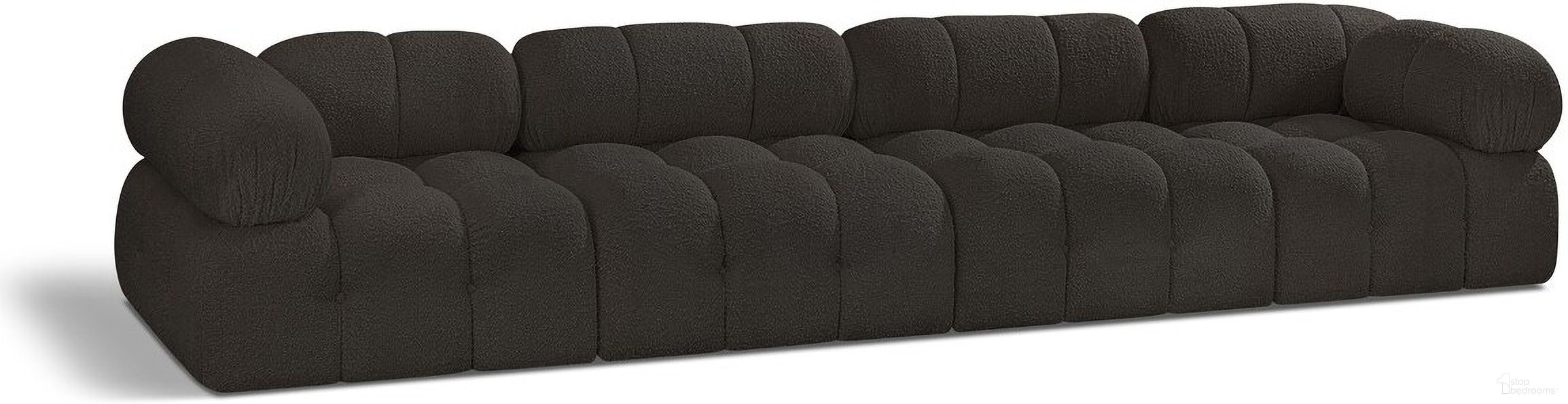 The appearance of Ames Boucle Fabric 4 Seater Modular Sofa with Arm Support In Brown designed by Meridian in the modern / contemporary interior design. This brown piece of furniture  was selected by 1StopBedrooms from Ames Collection to add a touch of cosiness and style into your home. Sku: 611Brown-Armless;611Brown-Armless;611Brown-Corner;611Brown-Corner. Material: Boucle.