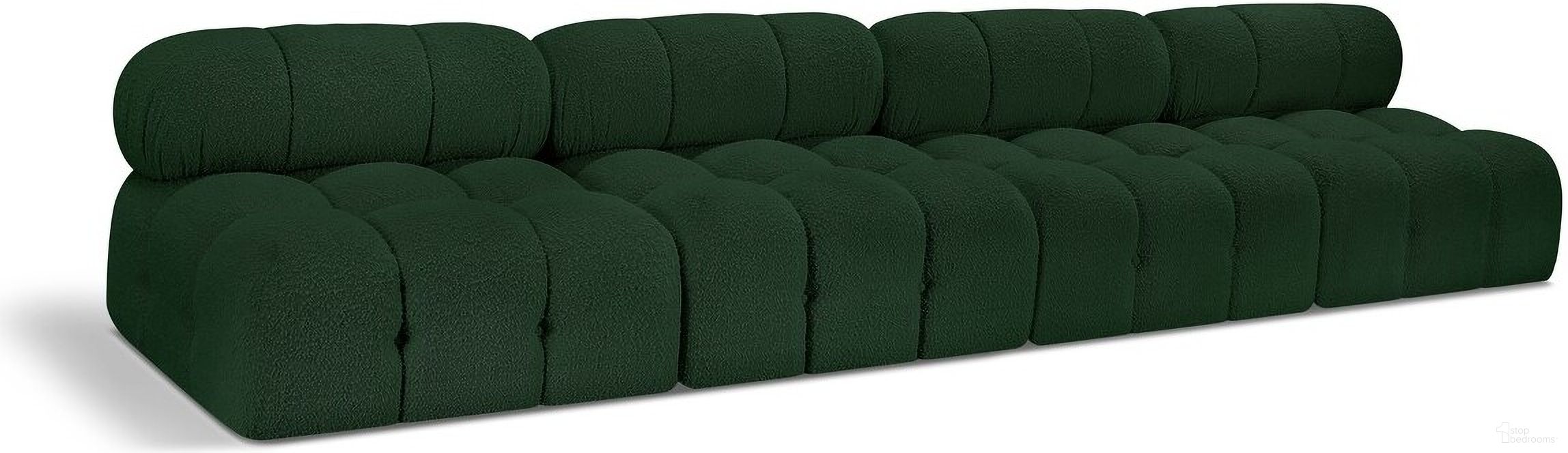 The appearance of Ames Boucle Fabric 4 Seater Modular Sofa In Green designed by Meridian in the modern / contemporary interior design. This green piece of furniture  was selected by 1StopBedrooms from Ames Collection to add a touch of cosiness and style into your home. Sku: 611Green-Armless;611Green-Armless;611Green-Armless;611Green-Armless. Material: Boucle.