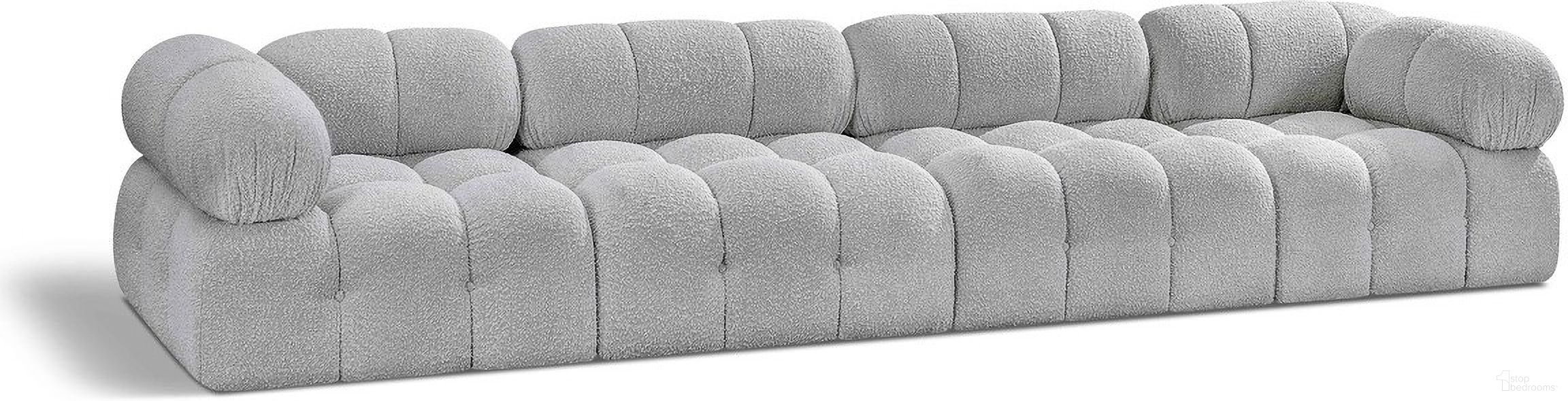 The appearance of Ames Boucle Fabric 4 Seater Modular Sofa with Arm Support In Grey designed by Meridian in the modern / contemporary interior design. This grey piece of furniture was selected by 1StopBedrooms from Ames Collection to add a touch of cosiness and style into your home. Sku: 611Grey-Armless;611Grey-Armless;611Grey-Corner;611Grey-Corner. Material: Boucle.