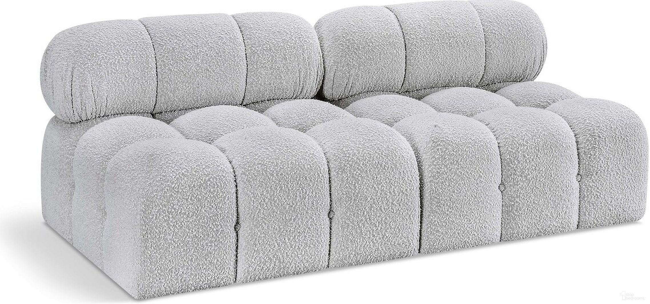 The appearance of Ames Boucle Fabric 2 Seater Modular Sofa In Grey designed by Meridian in the modern / contemporary interior design. This grey piece of furniture was selected by 1StopBedrooms from Ames Collection to add a touch of cosiness and style into your home. Sku: 611Grey-Armless;611Grey-Armless. Material: Boucle.