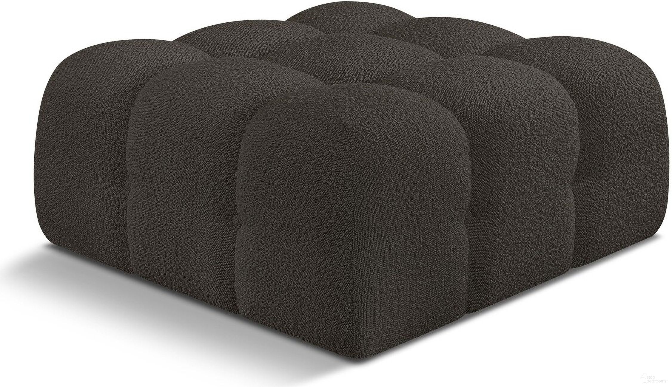 The appearance of Ames Boucle Fabric Ottoman In Brown designed by Meridian in the modern / contemporary interior design. This brown piece of furniture  was selected by 1StopBedrooms from Ames Collection to add a touch of cosiness and style into your home. Sku: 611Brown-Ott. Material: Plywood.
