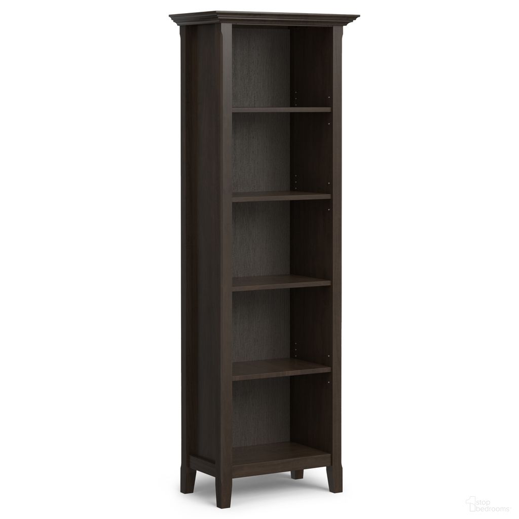 The appearance of Amherst 24 Inch Solid Wood 5 Shelf Bookcase In Hickory Brown designed by Simpli Home in the transitional interior design. This hickory brown piece of furniture was selected by 1StopBedrooms from Amherst Collection to add a touch of cosiness and style into your home. Sku: AXCAMH09SM-HIC. Material: Pine.