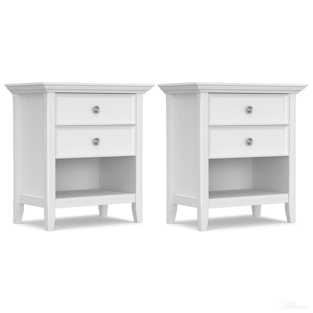 The appearance of Amherst 24 Inch Solid Wood Bedside Table Set of 2 In White designed by Simpli Home in the modern / contemporary interior design. This white piece of furniture  was selected by 1StopBedrooms from Amherst Collection to add a touch of cosiness and style into your home. Sku: AMS224NS001WH. Material: Pine.