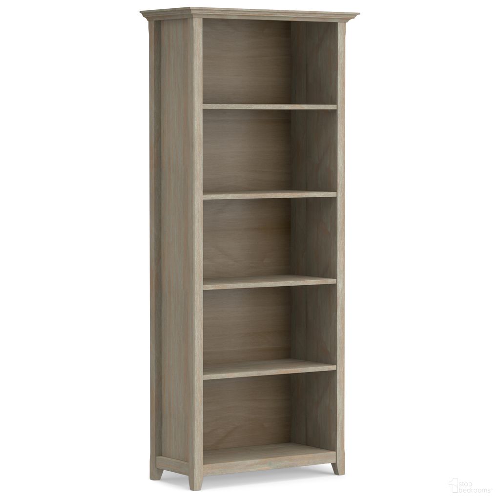 The appearance of Amherst 30 Inch Solid Wood 5 Shelf Bookcase In Distressed Grey designed by Simpli Home in the transitional interior design. This distressed grey piece of furniture was selected by 1StopBedrooms from Amherst Collection to add a touch of cosiness and style into your home. Sku: AXCAMH-007GR. Material: Pine.